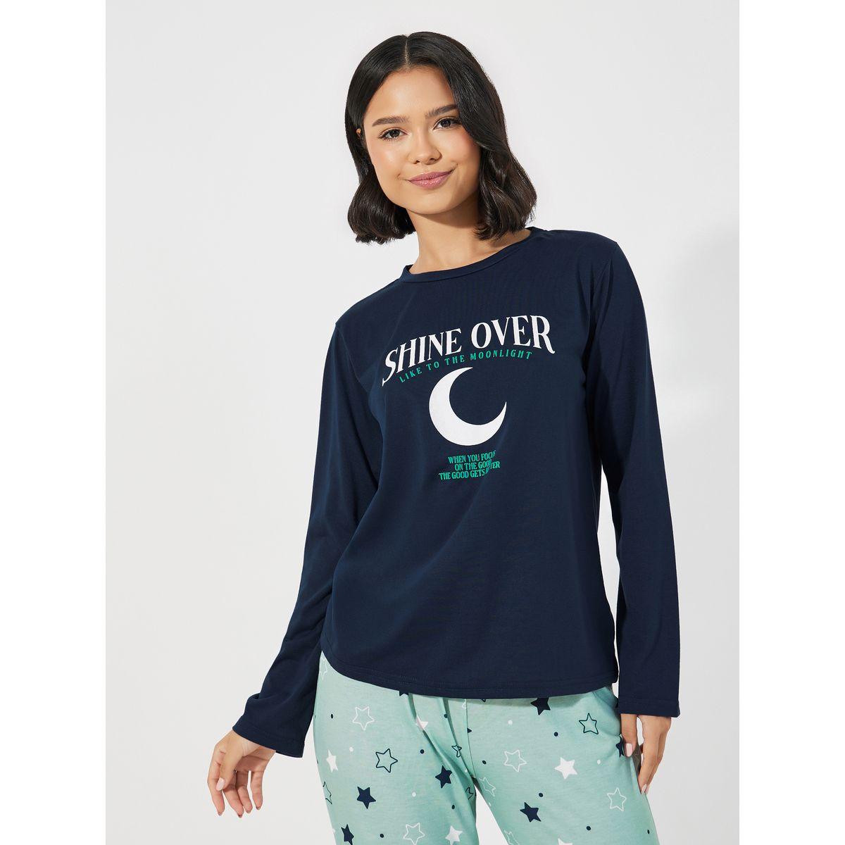 طقم من بنطال بيجاما مع تيشيرت بطبعة كتابة-women-clothing-nightwear-pyjamas-longsets-image-3