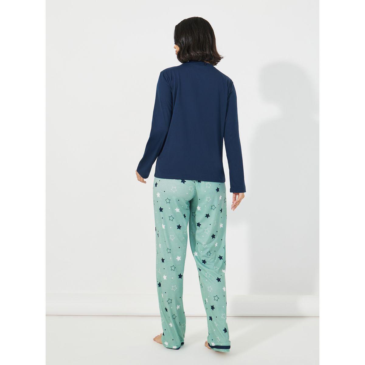 Styli Unwind Slogan Print Long Sleeves T-Shirt & Star Print Pyjama Set-women-clothing-nightwear-pyjamas-longsets-image-5