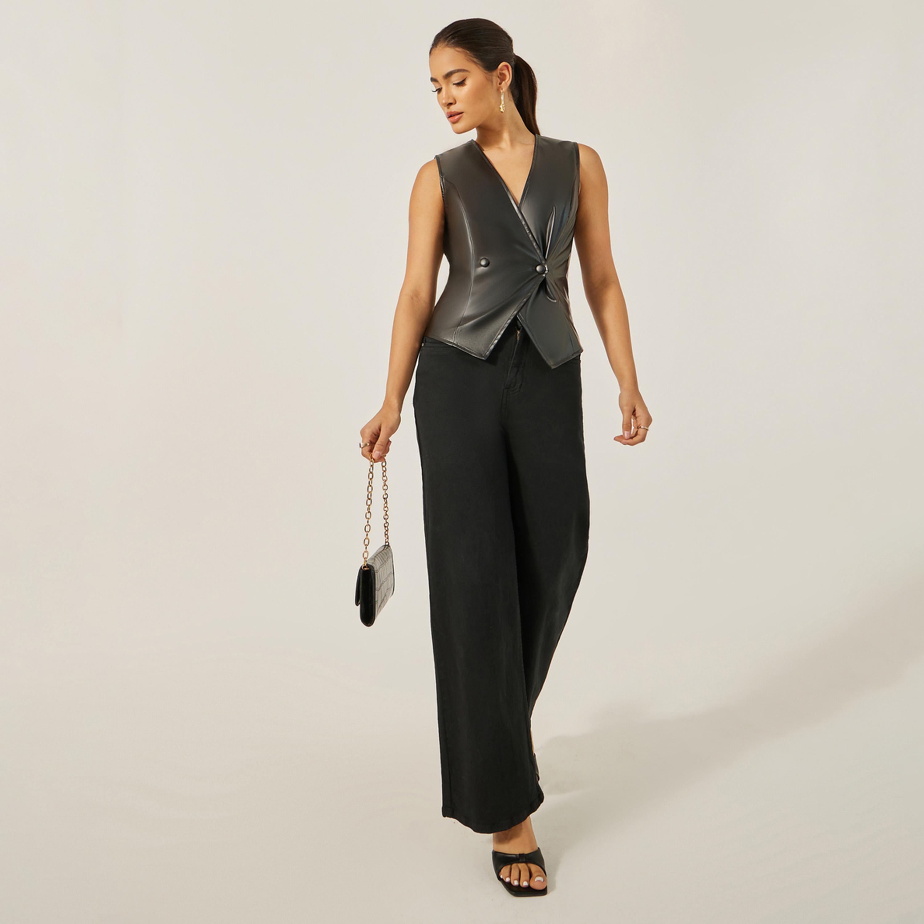 Styli Limited Waistcoat With Overlap Front And Button Detail With Assumetric Hemline In Pu Fabric-women-winterwear-coatsandjackets-jackets-image-1