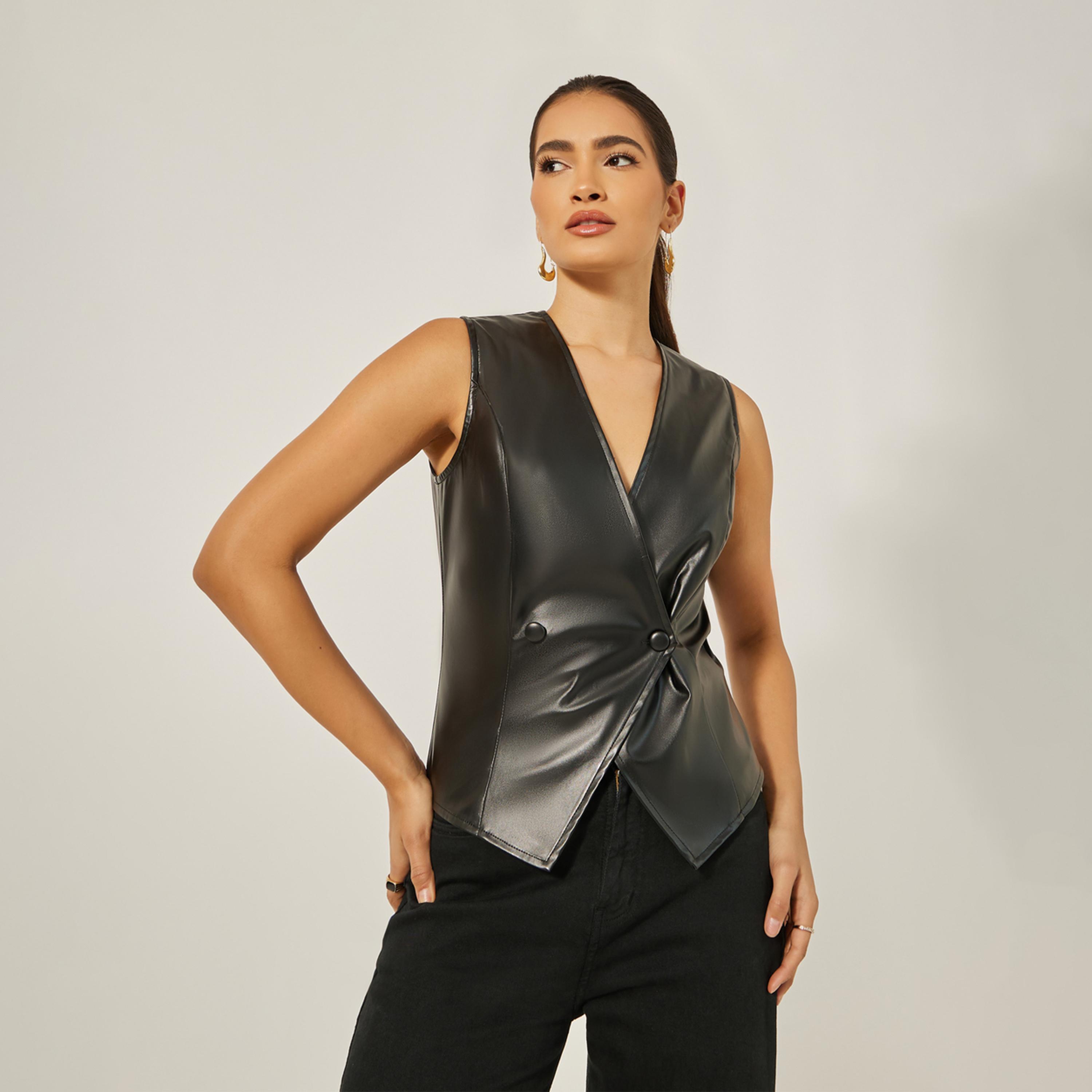 Styli Limited Waistcoat With Overlap Front And Button Detail With Assumetric Hemline In Pu Fabric-women-winterwear-coatsandjackets-jackets-image-2