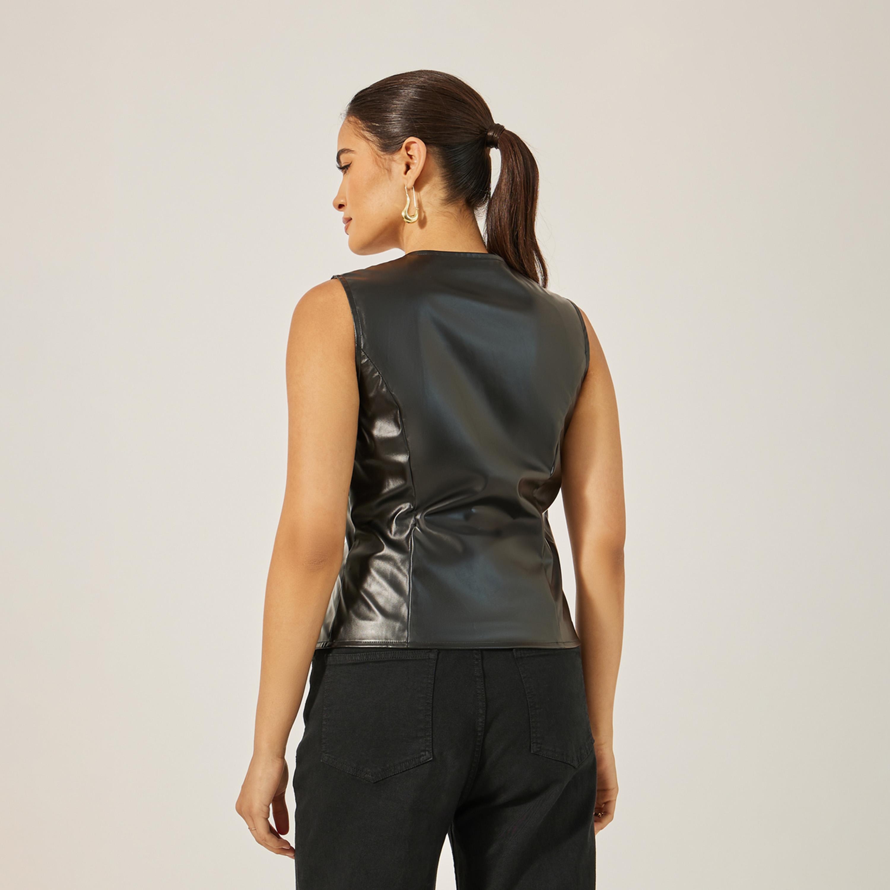 Styli Limited Waistcoat With Overlap Front And Button Detail With Assumetric Hemline In Pu Fabric-women-winterwear-coatsandjackets-jackets-image-4
