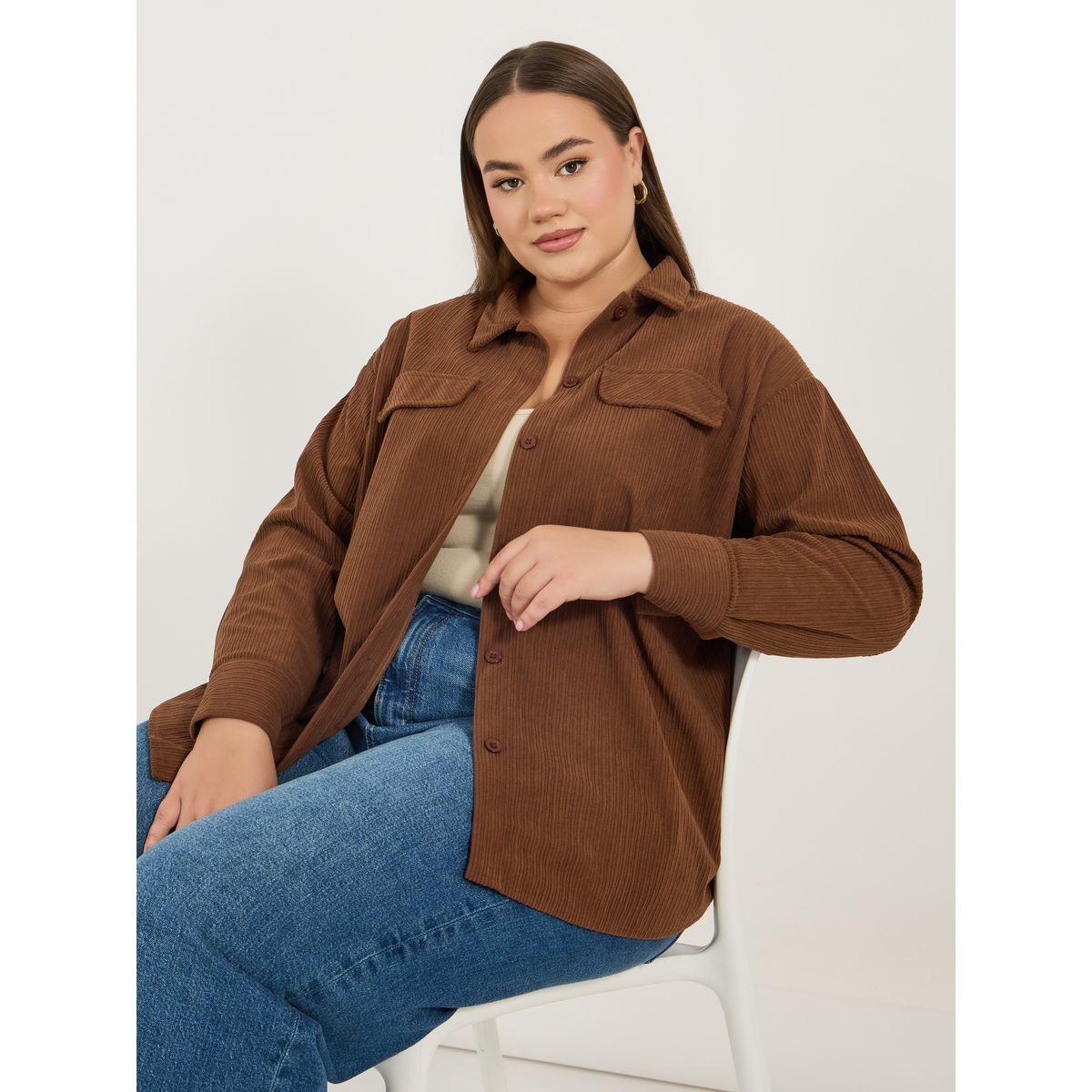 Styli Plus Size Corduroy Oversized Shirt with Flap Pocket Detail-women-clothing-shirtsandblouses-shirts-image-1