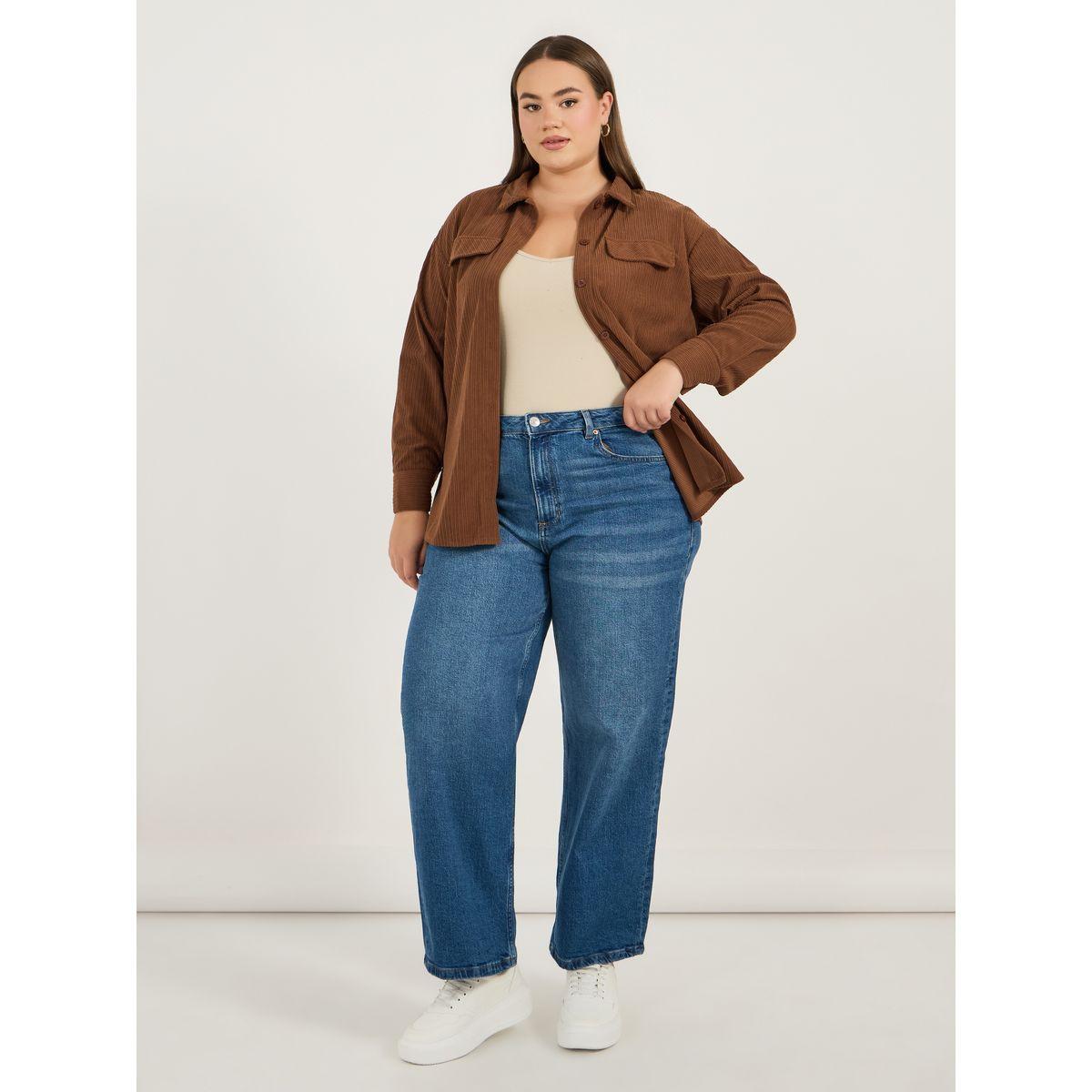 Styli Plus Size Corduroy Oversized Shirt with Flap Pocket Detail-women-clothing-shirtsandblouses-shirts-image-2