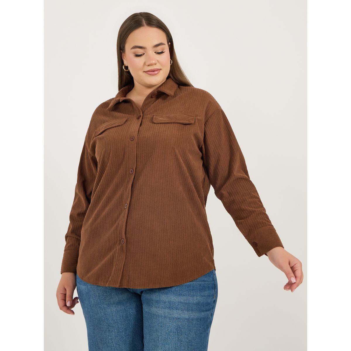 بلوزة فضفاضة كوردروي بمقاس كبير وجيب-women-clothing-shirtsandblouses-shirts-image-3