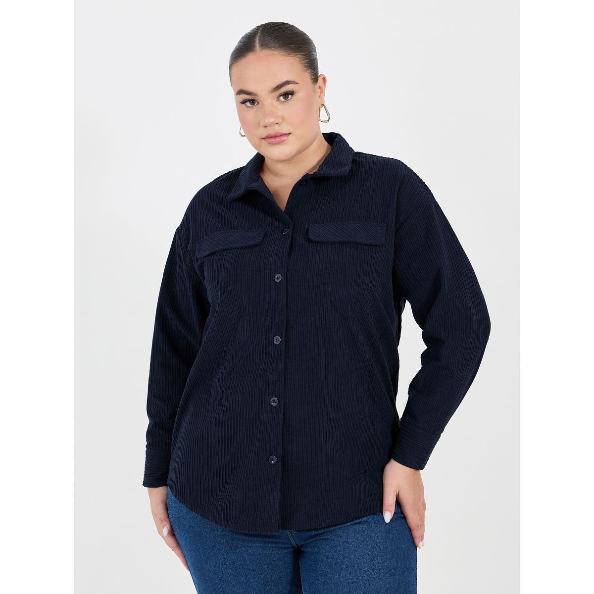 Styli Plus Size Textured Oversized Shirt with Flap Pockets-women-clothing-shirtsandblouses-shirts-image-1