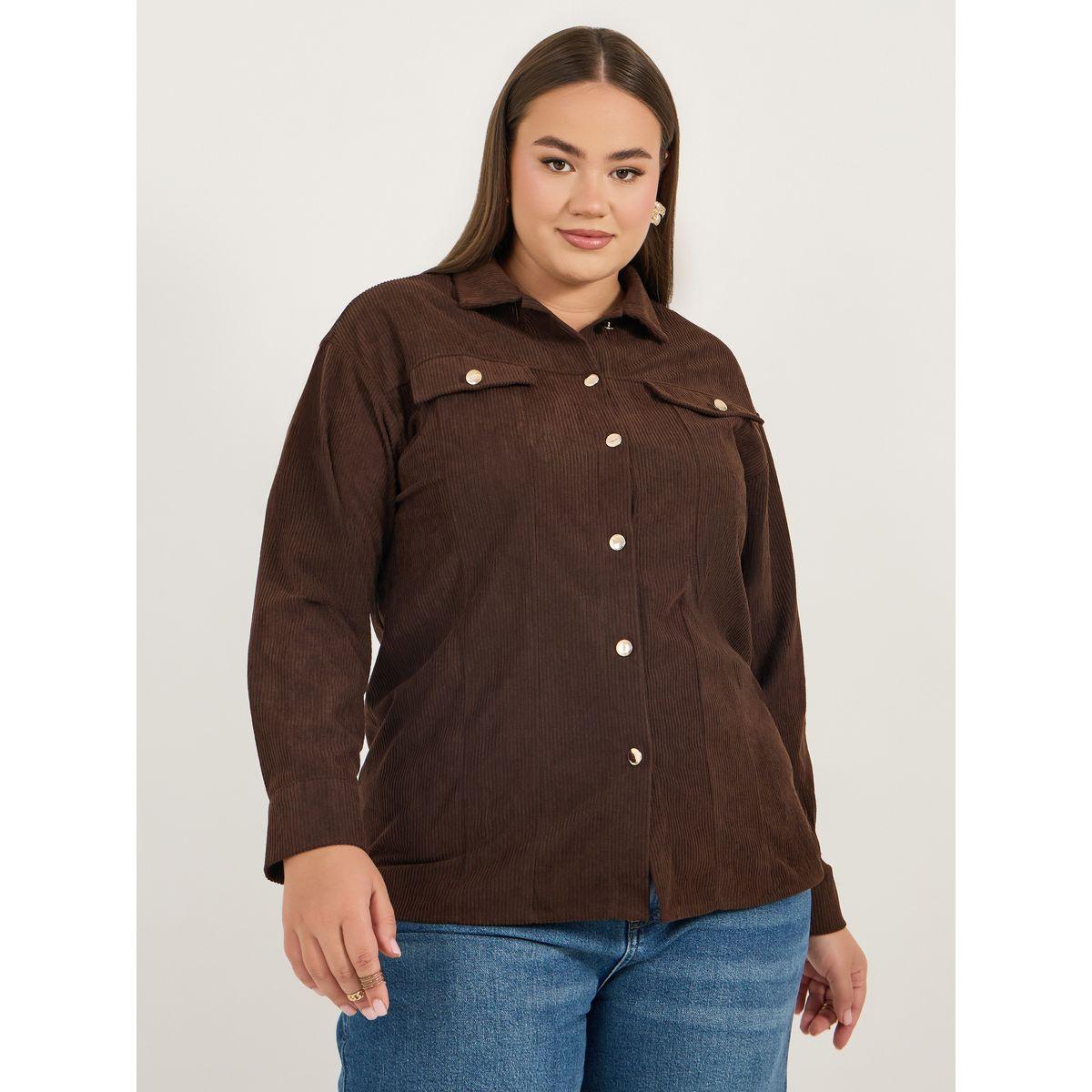 بلوزة كوردروي بمقاس كبير وأزرار معدنية-women-clothing-shirtsandblouses-shirts-image-1