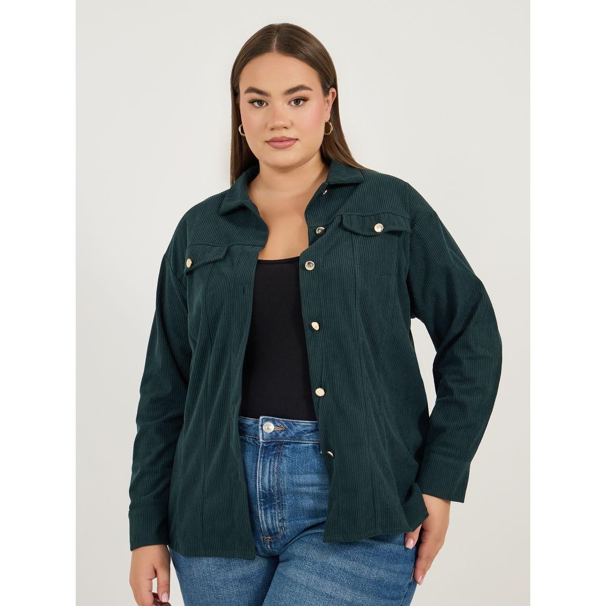 Styli Plus Size Chest Pocket Corduroy Shirt with Metal Buttons-women-clothing-shirtsandblouses-shirts-image-1