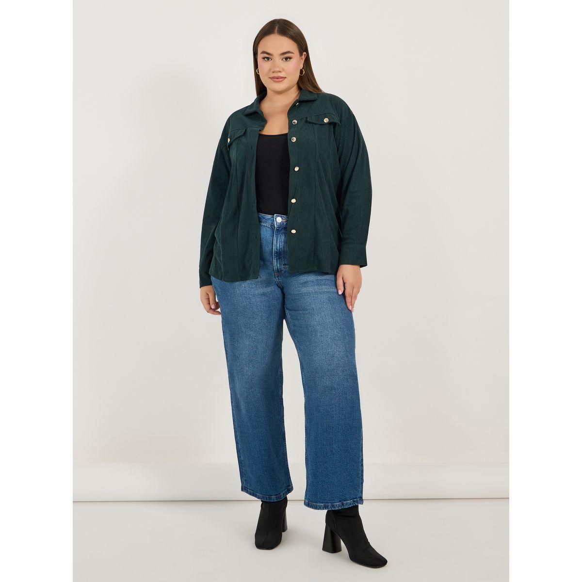 Styli Plus Size Chest Pocket Corduroy Shirt with Metal Buttons-women-clothing-shirtsandblouses-shirts-image-2