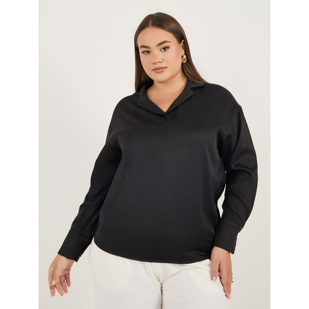 بلوزة بمقاس كبير وياقة نوتش مع أكمام طويلة-women-clothing-shirtsandblouses-blouses-image-1