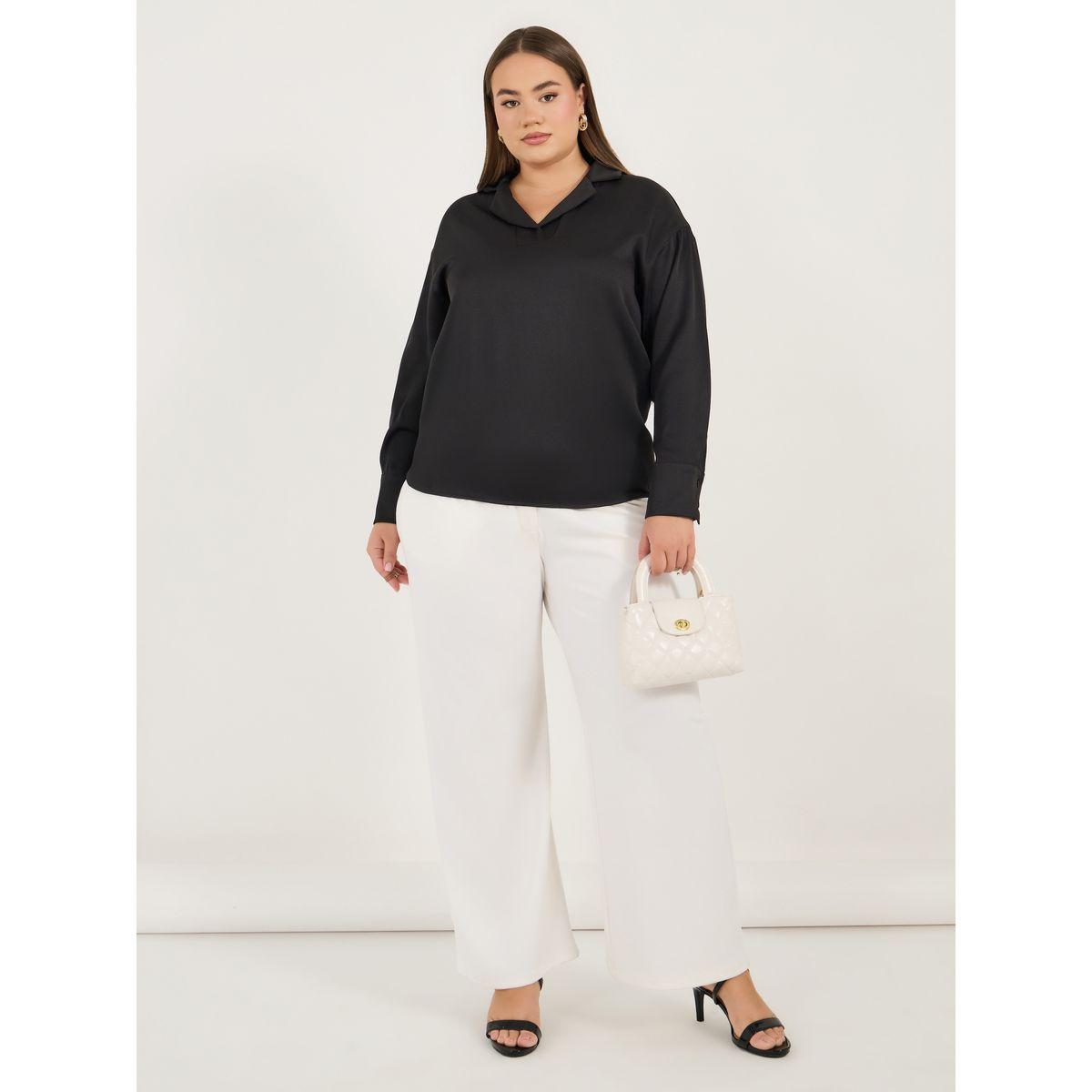 بلوزة بمقاس كبير وياقة نوتش مع أكمام طويلة-women-clothing-shirtsandblouses-blouses-image-2