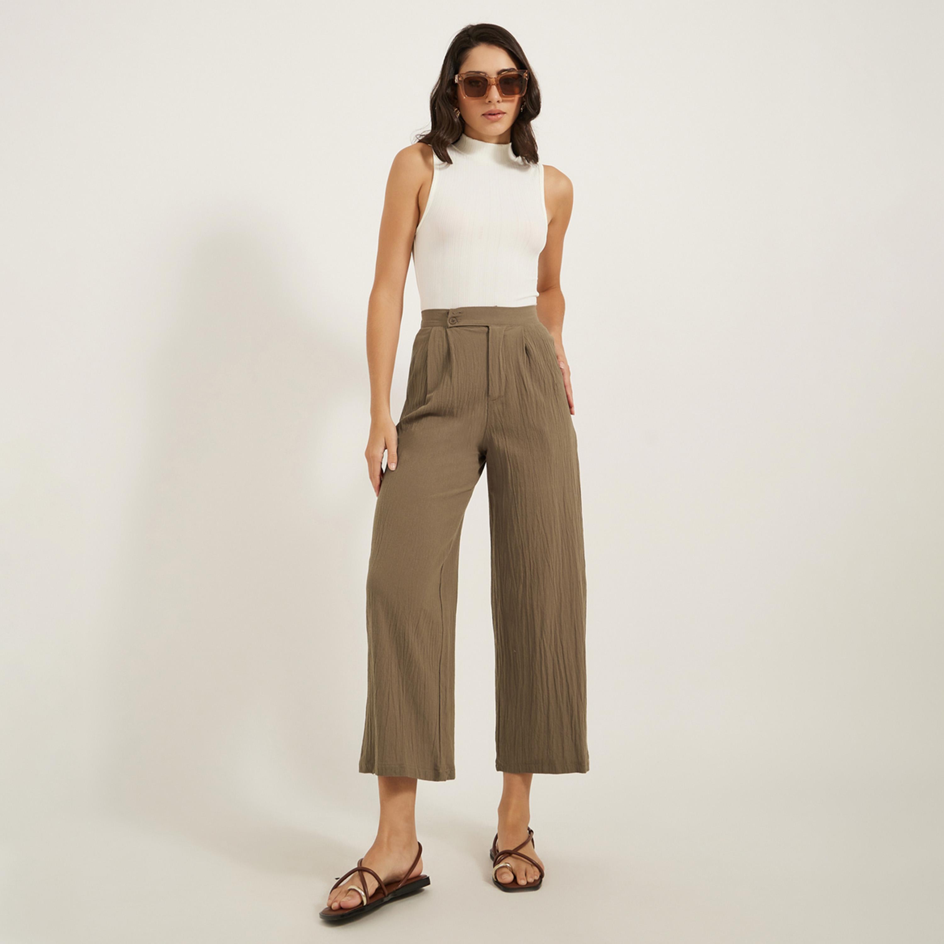 ستايلي - بنطال مجعد قصير واسع الساق مع ثنيات-women-clothing-bottoms-trousers-image-1