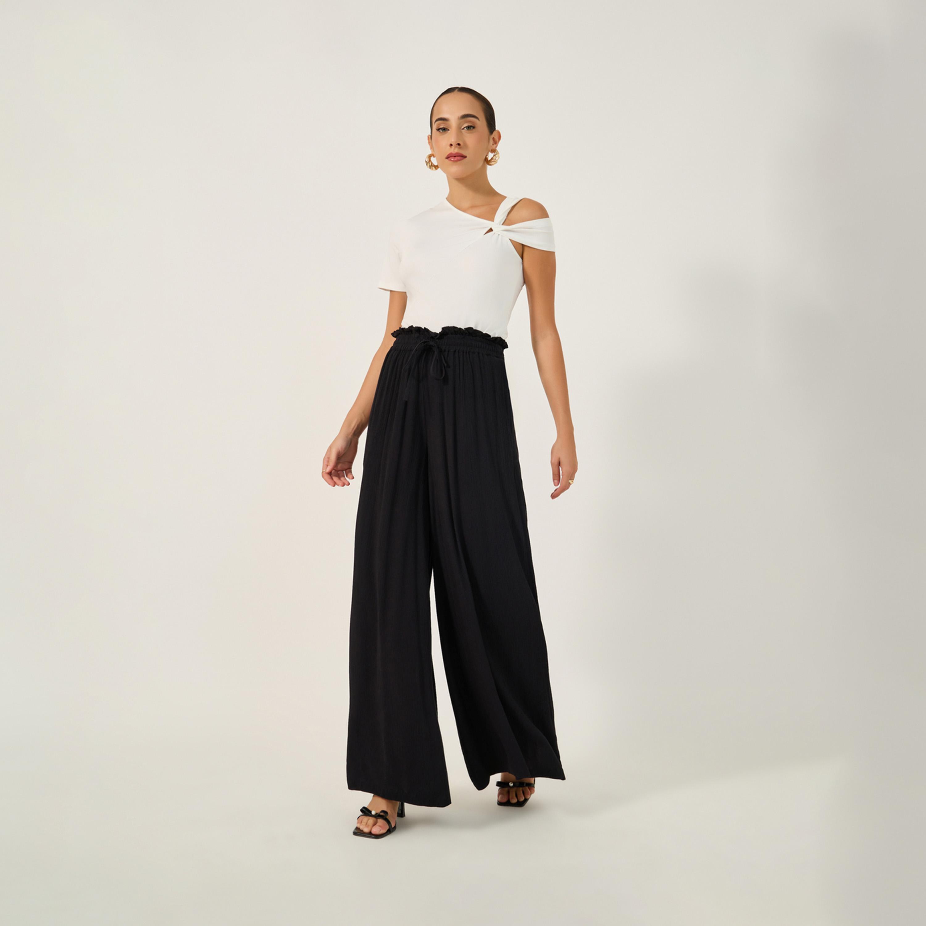 ستايلي - بنطال واسع الساق بحزام خصر مموج ككيس الورق-women-clothing-bottoms-trousers-image-1