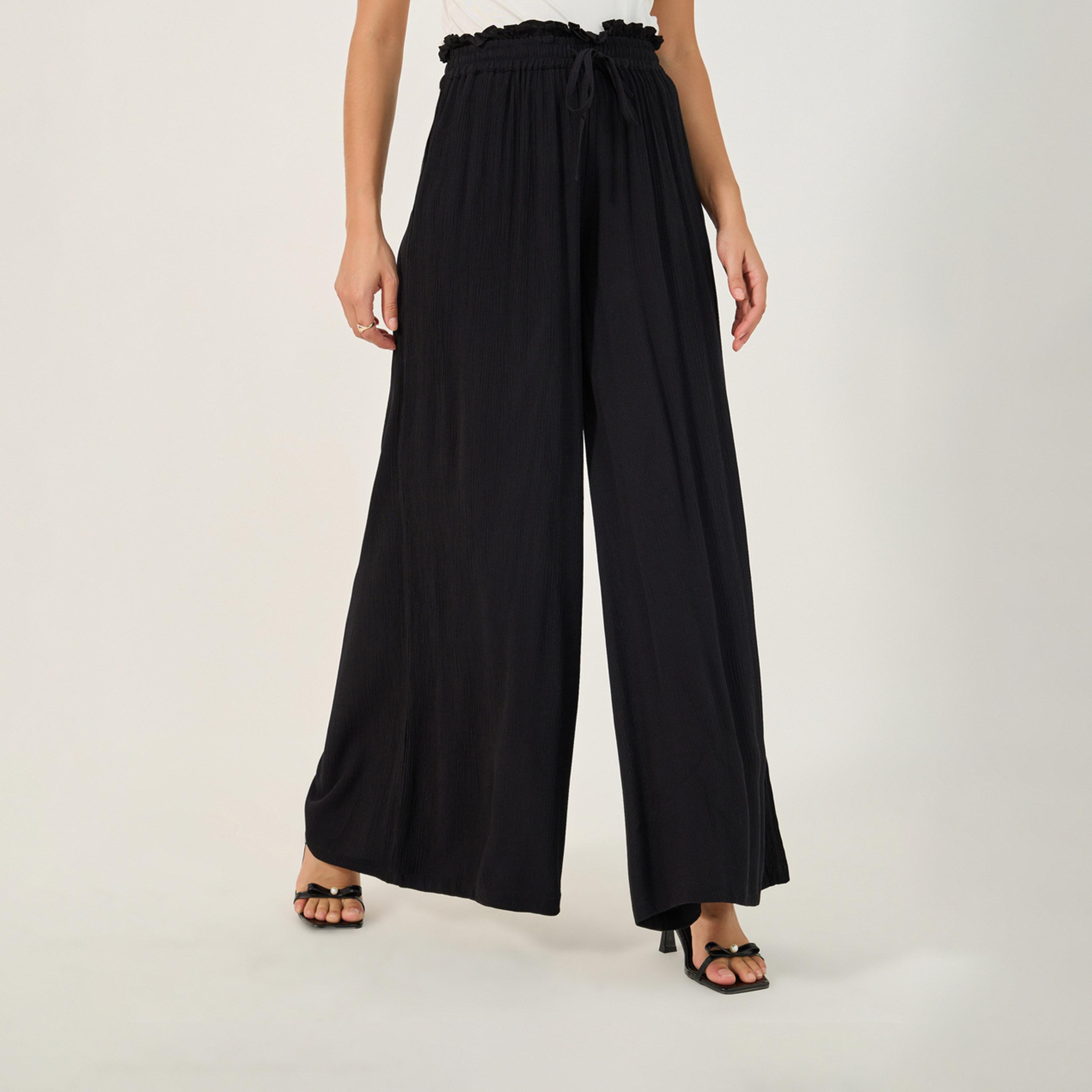 Styli Textured Wide Leg Pants With Paperbag Waistband-women-clothing-bottoms-trousers-image-2