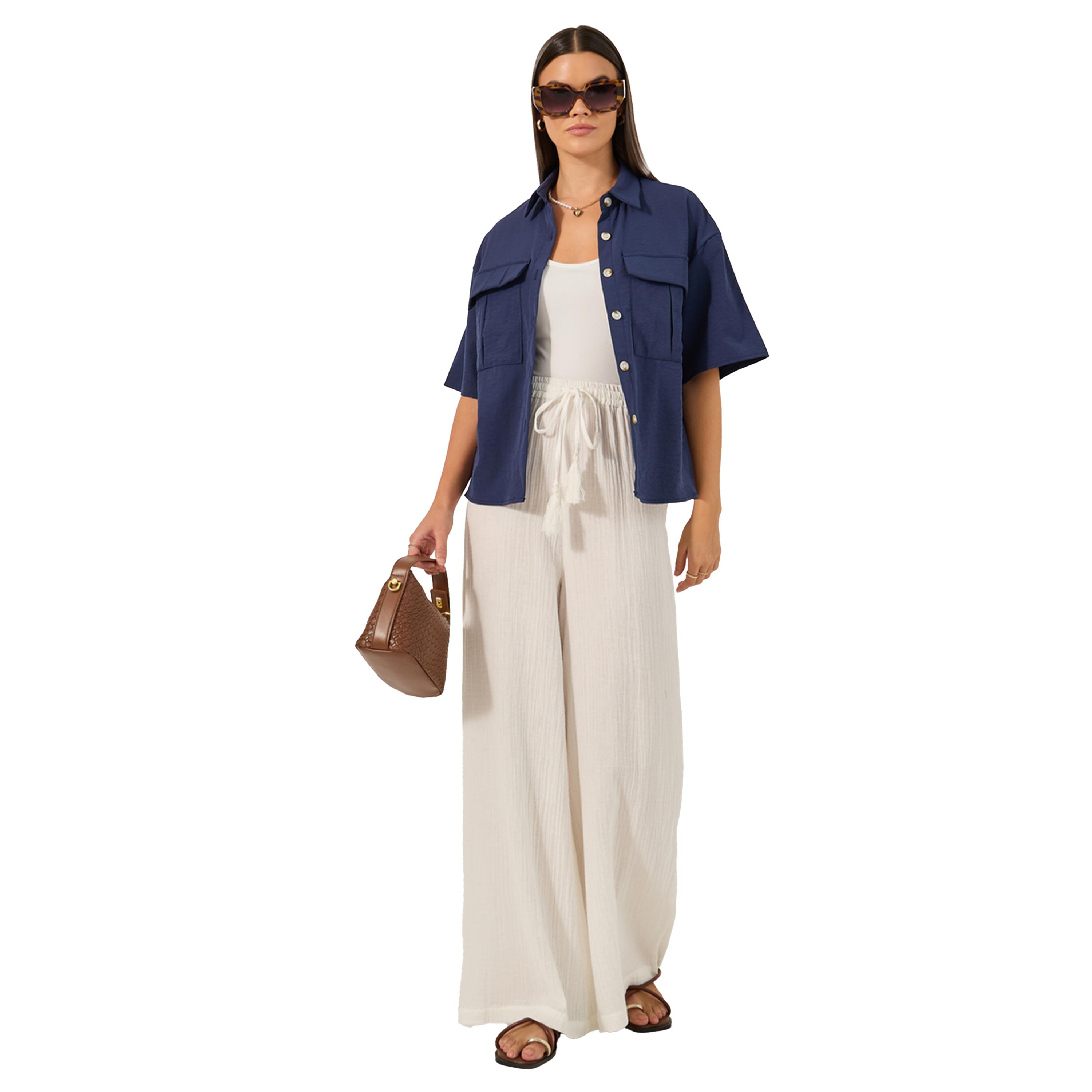 ستايلي - بنطال واسع الساق بخصر مرتفع ورباط-women-clothing-bottoms-trousers-image-1