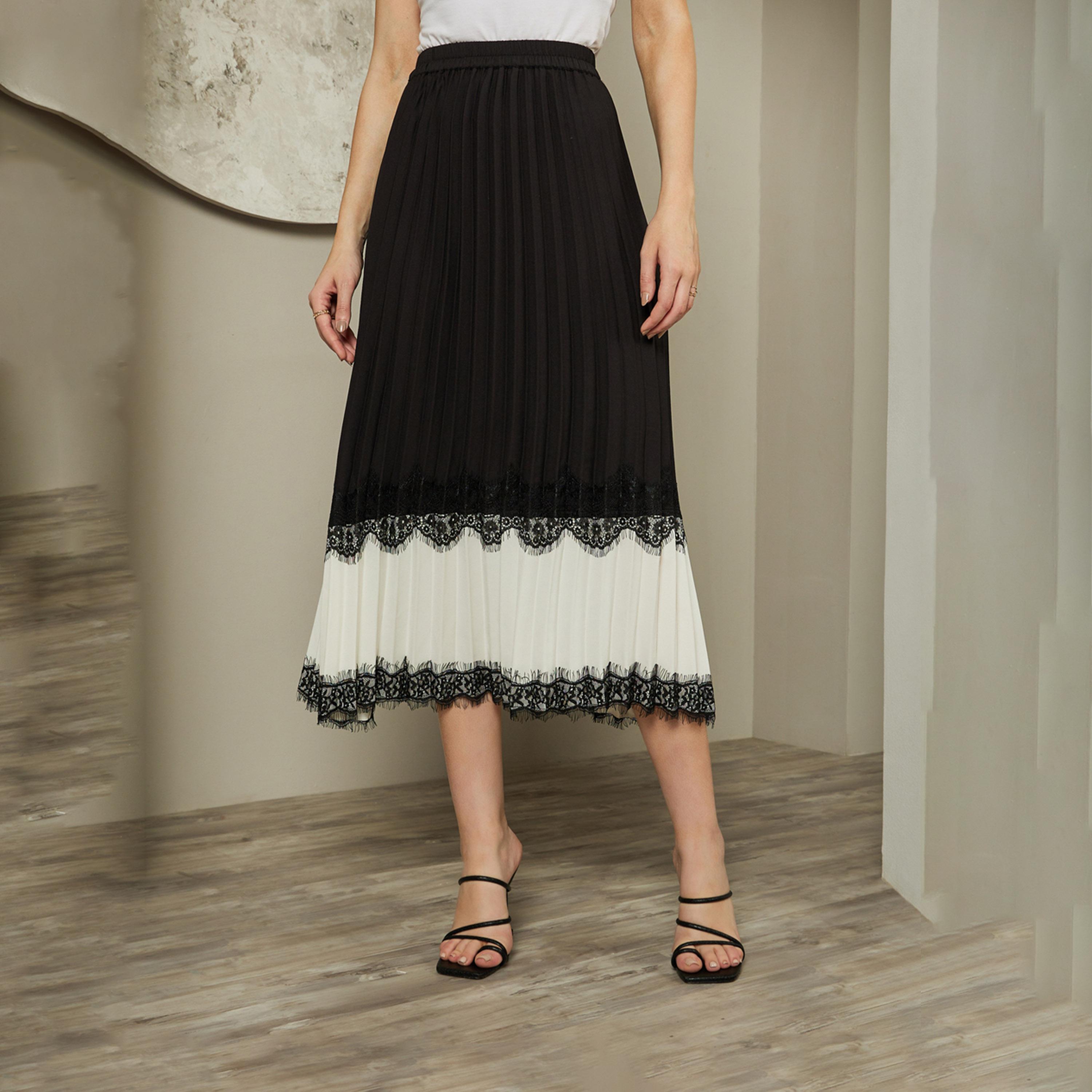 Styli Color Block Pleated A-Line Midi Skirt With Lace Trim-women-clothing-bottoms-skirts-image-2