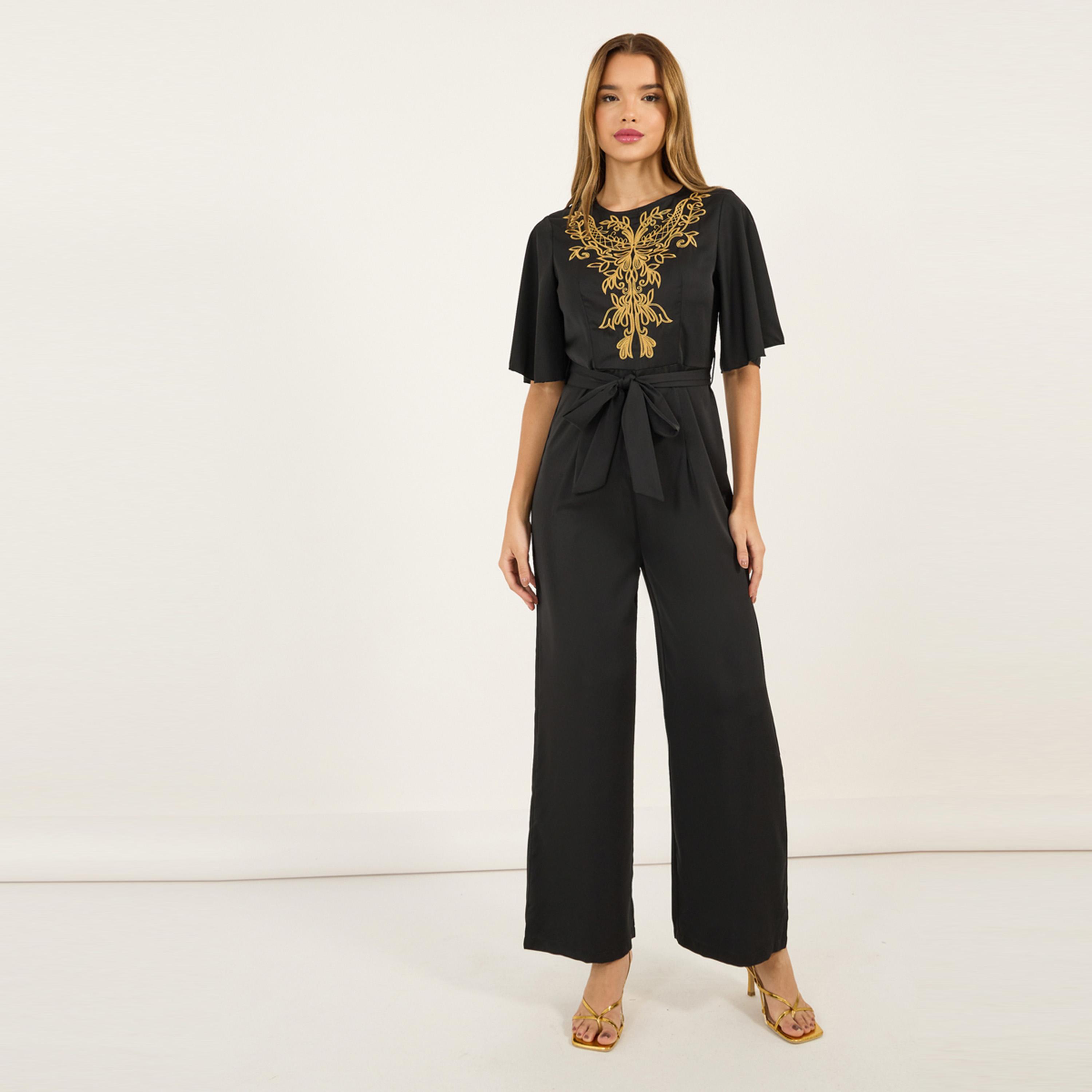 Styli Embroidered Panel Wide Leg Jumpsuit with Tie Belt-women-clothing-jumpsuits-image-1