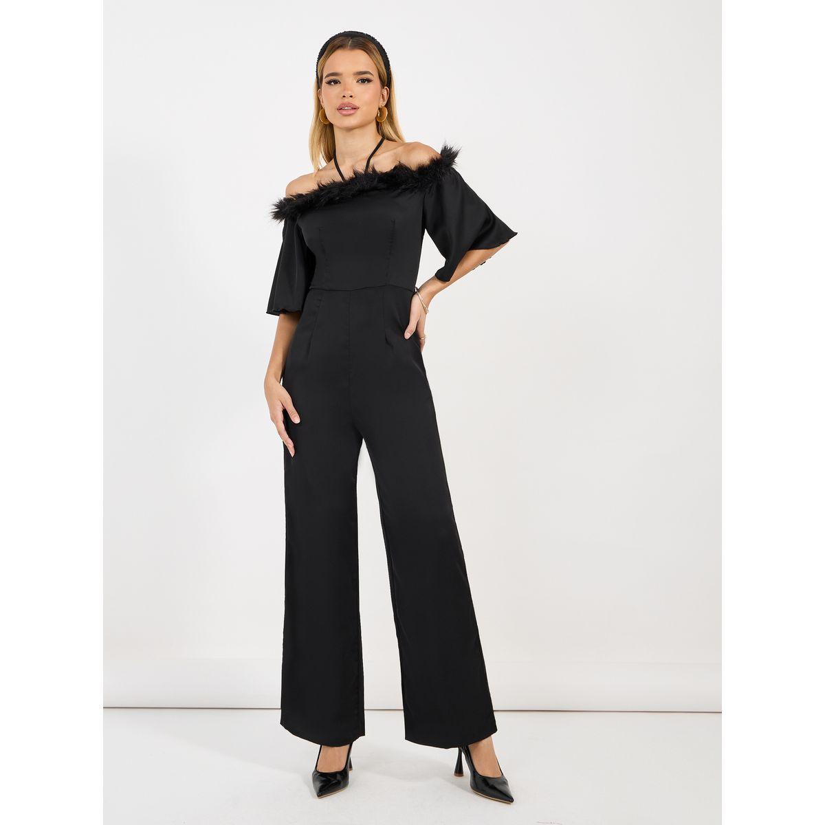 جمبسوت بأرجل واسعة وريش صناعي-women-clothing-jumpsuits-image-1