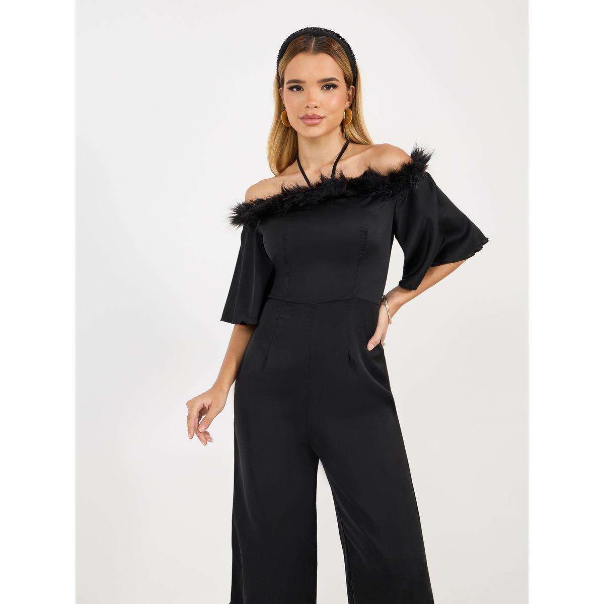 Styli Faux Feather Trim Wide Leg Jumpsuit-women-clothing-jumpsuits-image-2