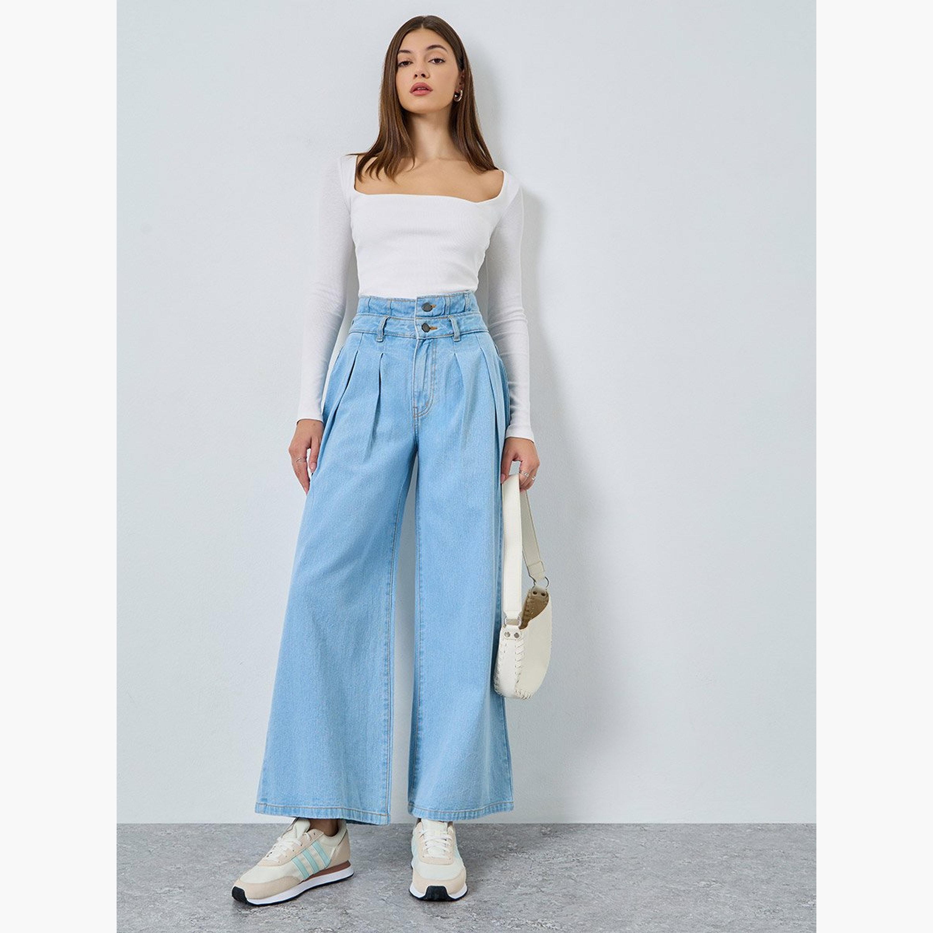 Styli Women High Rise Wide Leg Jeans with Double Waistband-women-clothing-bottoms-jeans-image-2