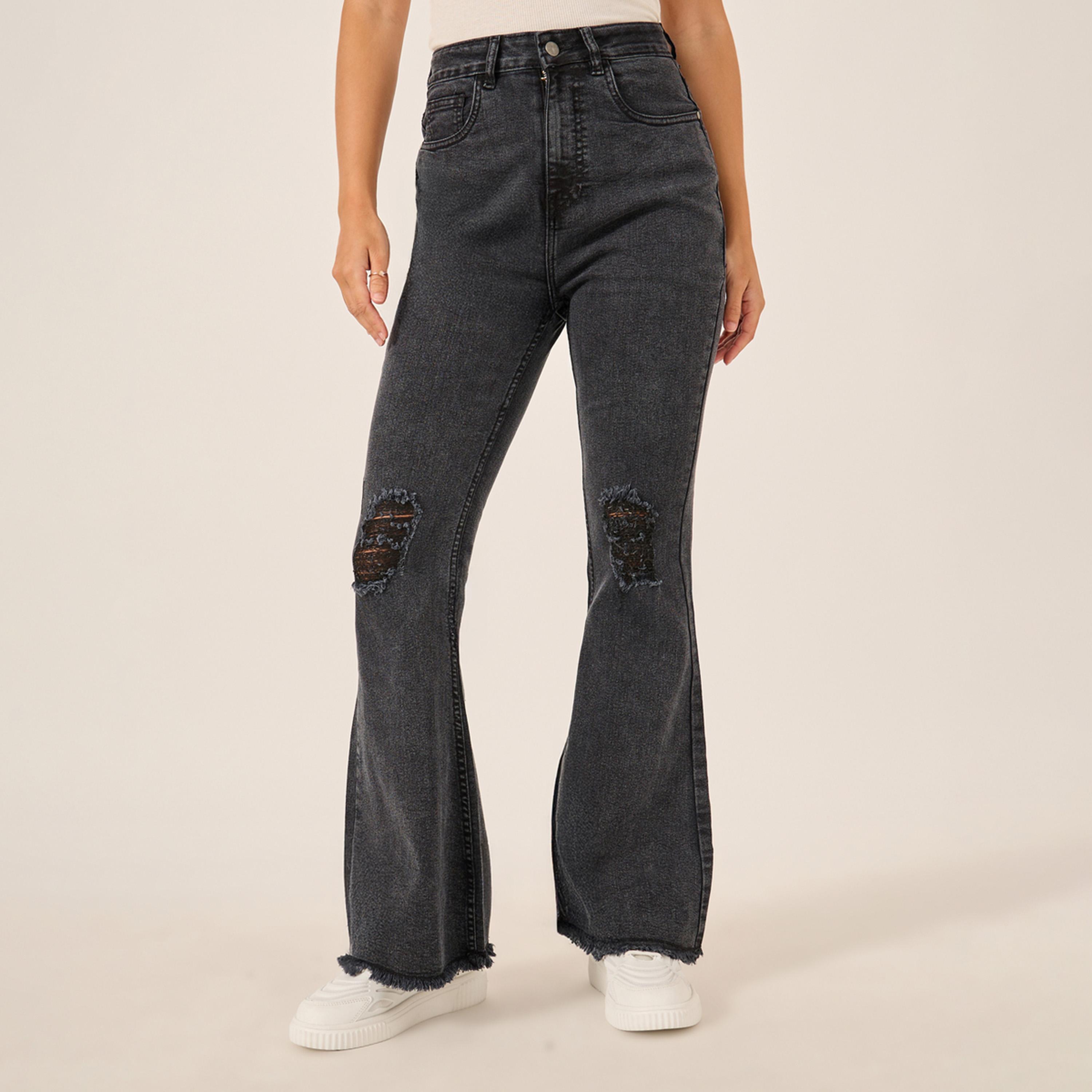 ستايلي - بنطال عالي الخصر وممزق وواسع الساق مع حاشية منسلة-women-clothing-bottoms-jeans-image-1