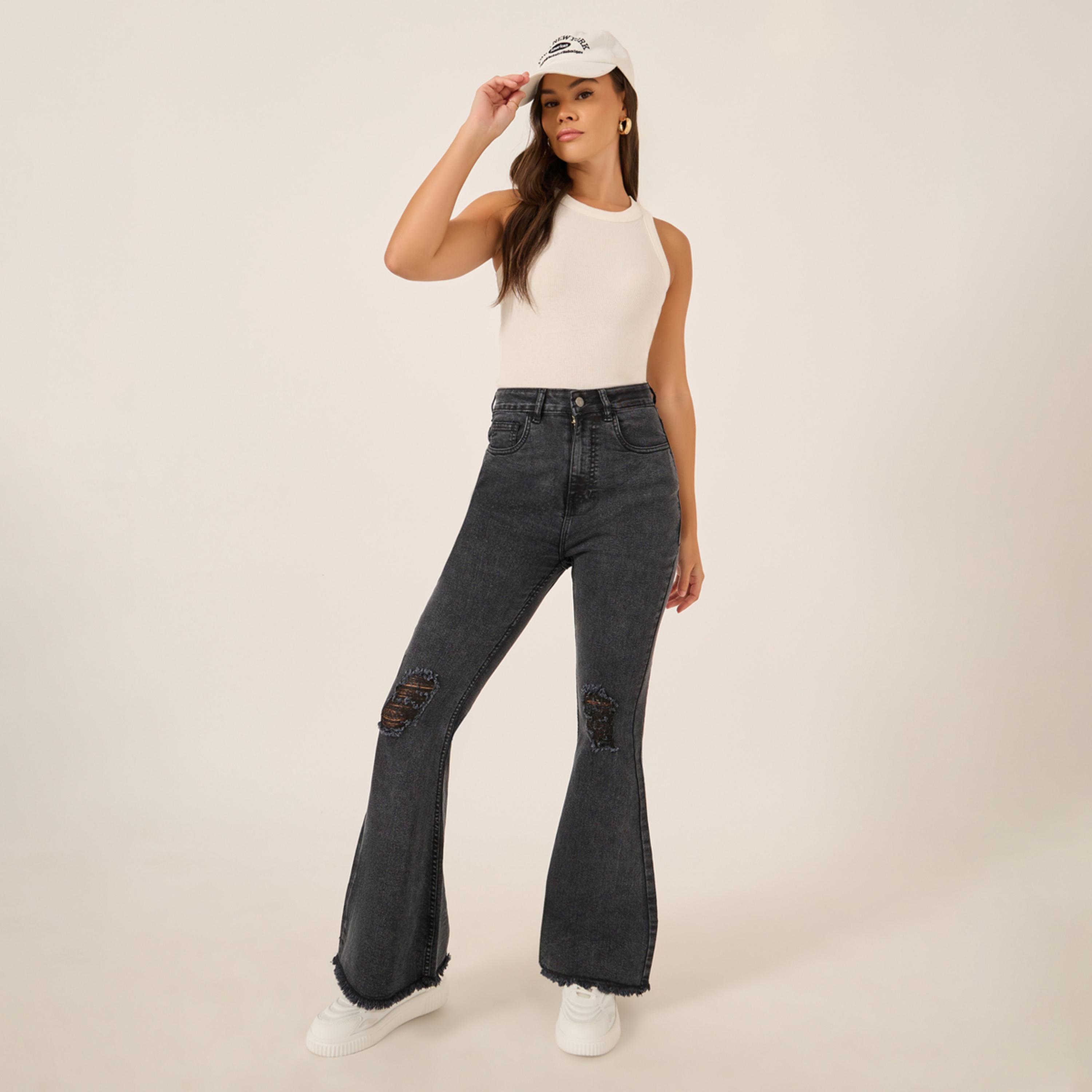 Styli High Rise Distressed Bootcut Pants with Frayed Hem-women-clothing-bottoms-jeans-image-2