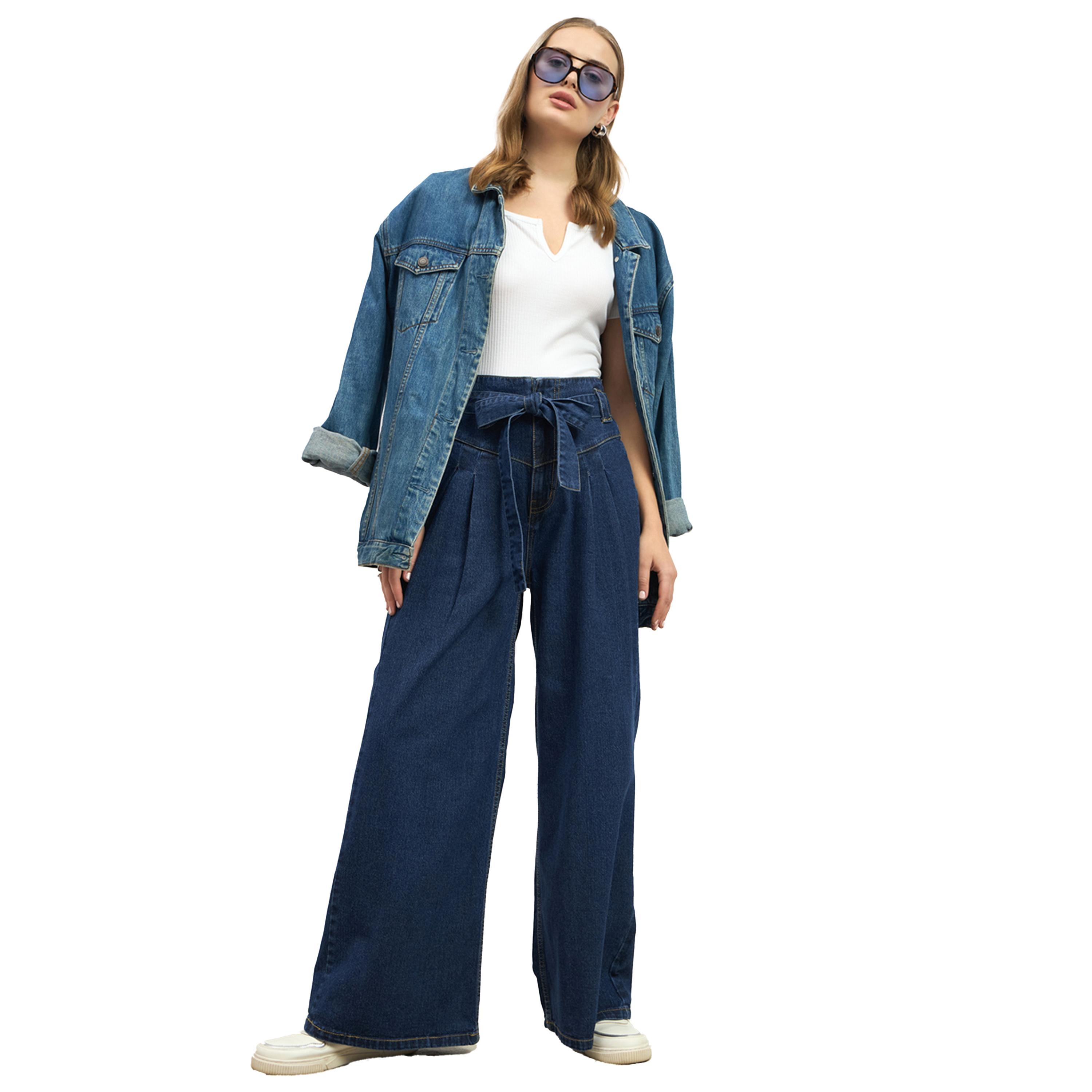 ستايلي - بنطال جينز واسع الساق بخصر مرتفع وحزام للخصر-women-clothing-bottoms-jeans-image-1