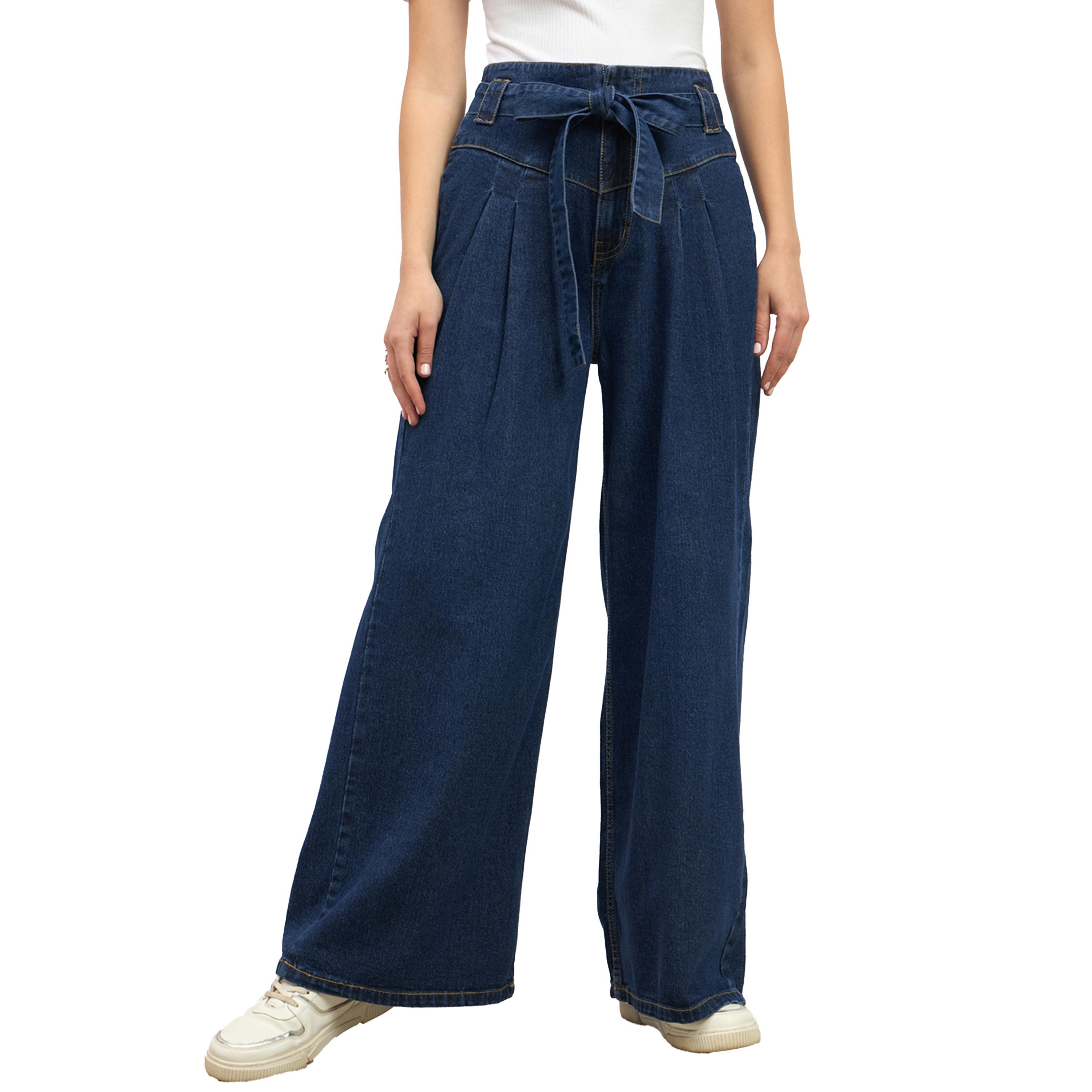 ستايلي - بنطال جينز واسع الساق بخصر مرتفع وحزام للخصر-women-clothing-bottoms-jeans-image-2