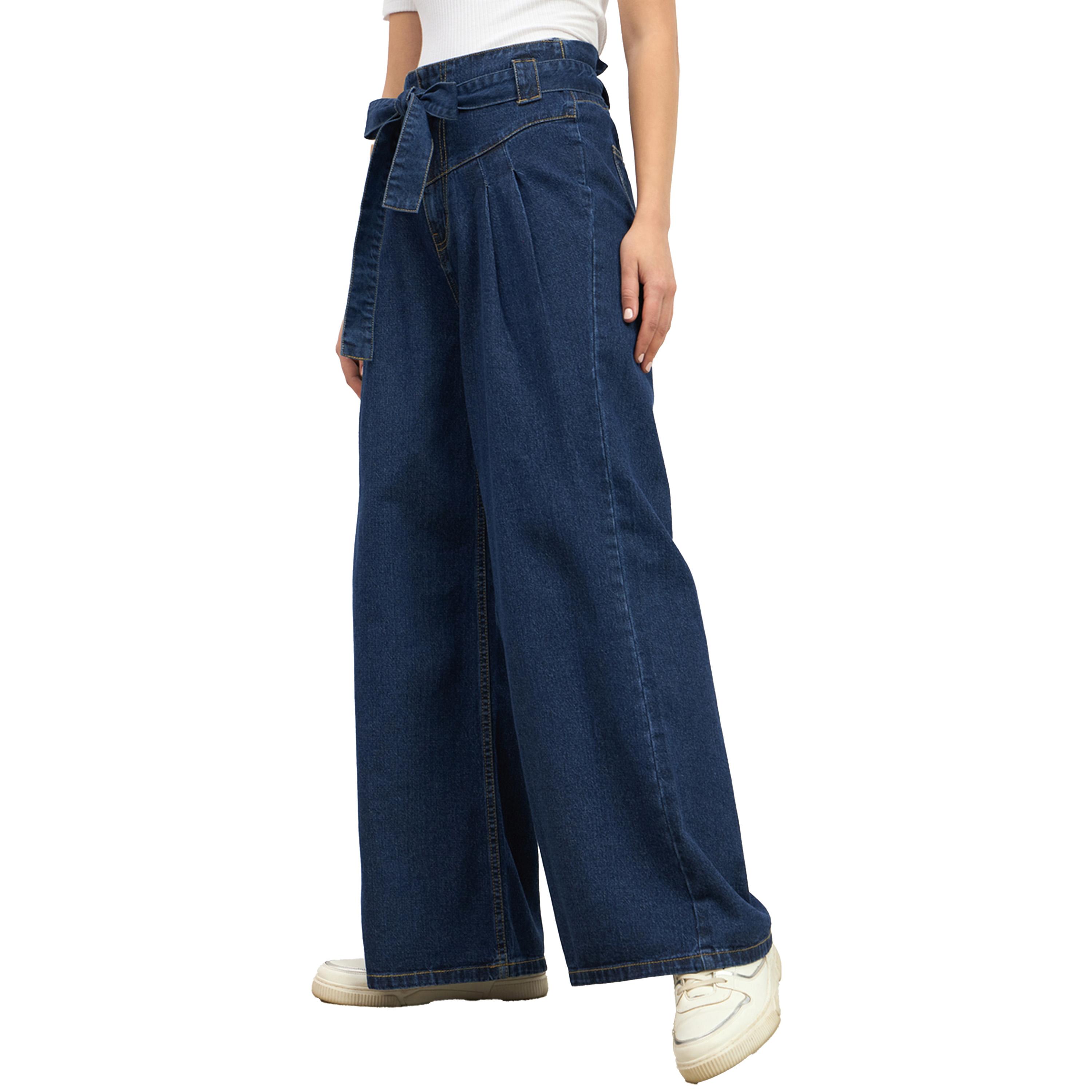 ستايلي - بنطال جينز واسع الساق بخصر مرتفع وحزام للخصر-women-clothing-bottoms-jeans-image-3