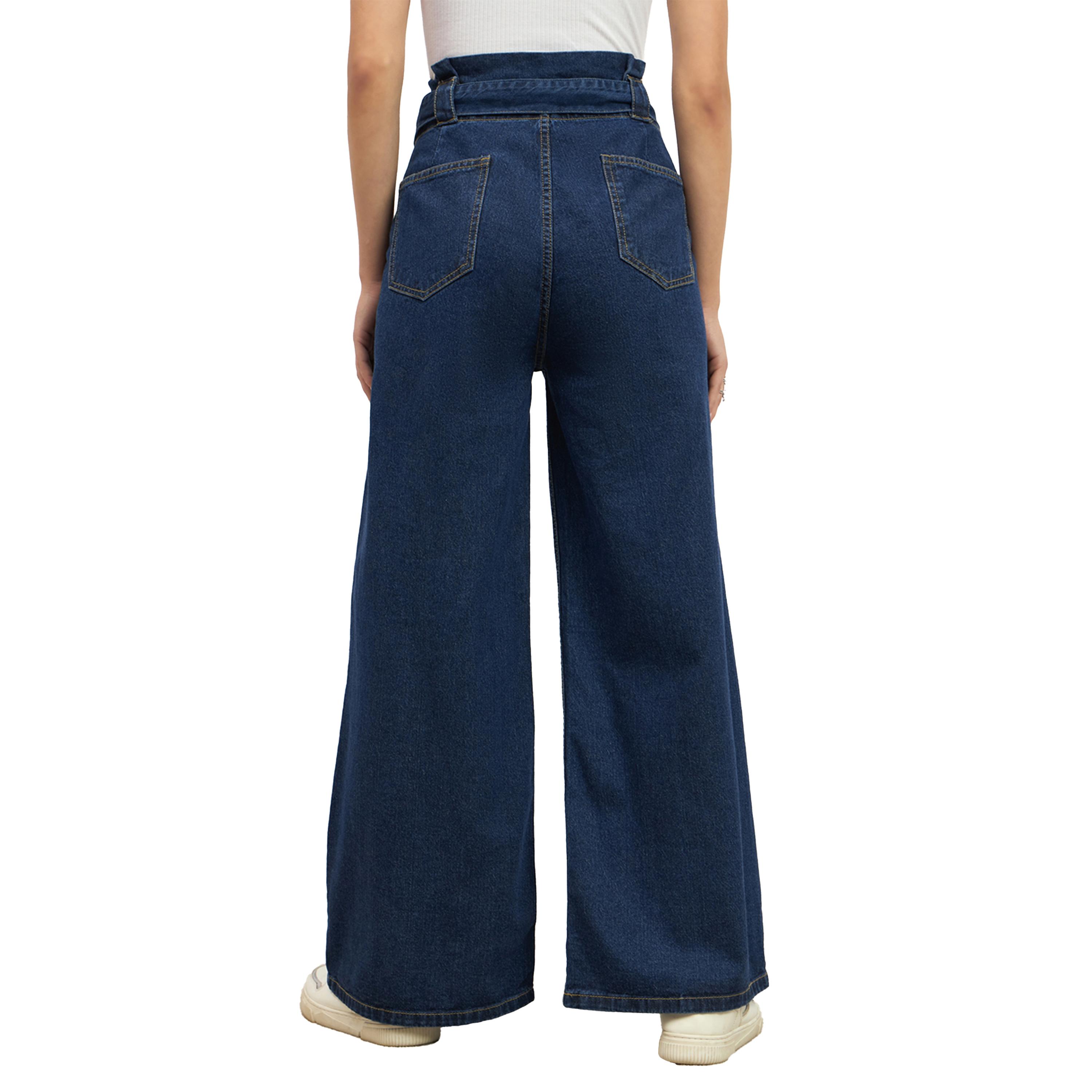ستايلي - بنطال جينز واسع الساق بخصر مرتفع وحزام للخصر-women-clothing-bottoms-jeans-image-5