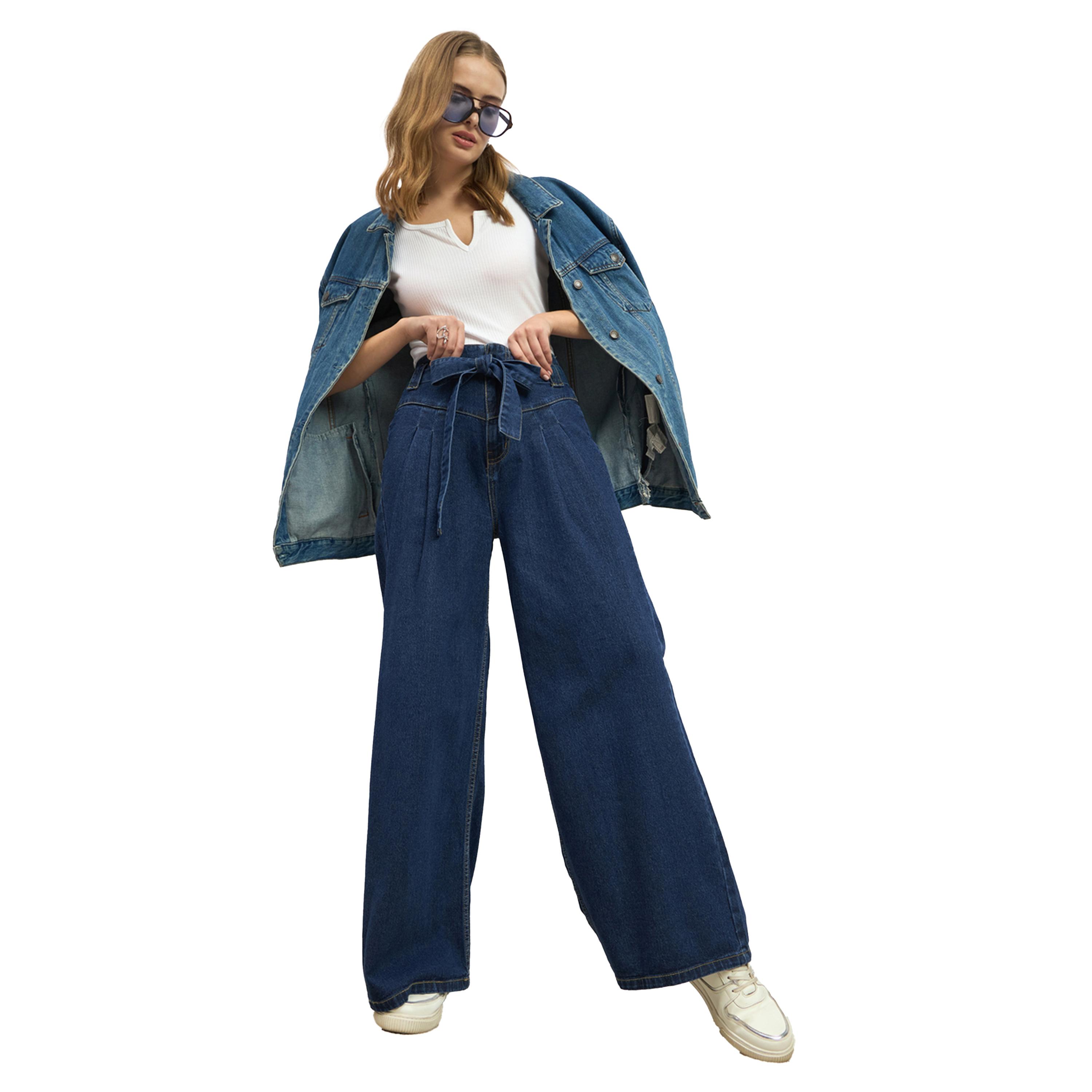 ستايلي - بنطال جينز واسع الساق بخصر مرتفع وحزام للخصر-women-clothing-bottoms-jeans-image-6