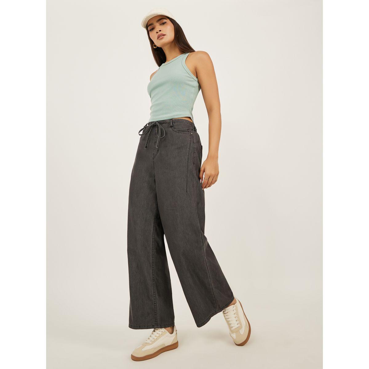 Styli Mid Rise Plain Wide Leg Jeans with Drawstring Waist-women-clothing-bottoms-jeans-image-1