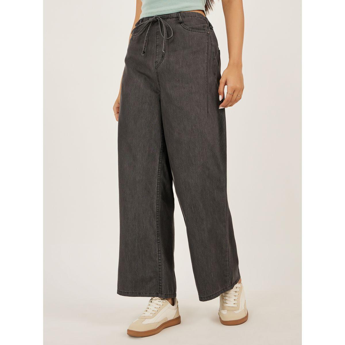 Styli Mid Rise Plain Wide Leg Jeans with Drawstring Waist-women-clothing-bottoms-jeans-image-2