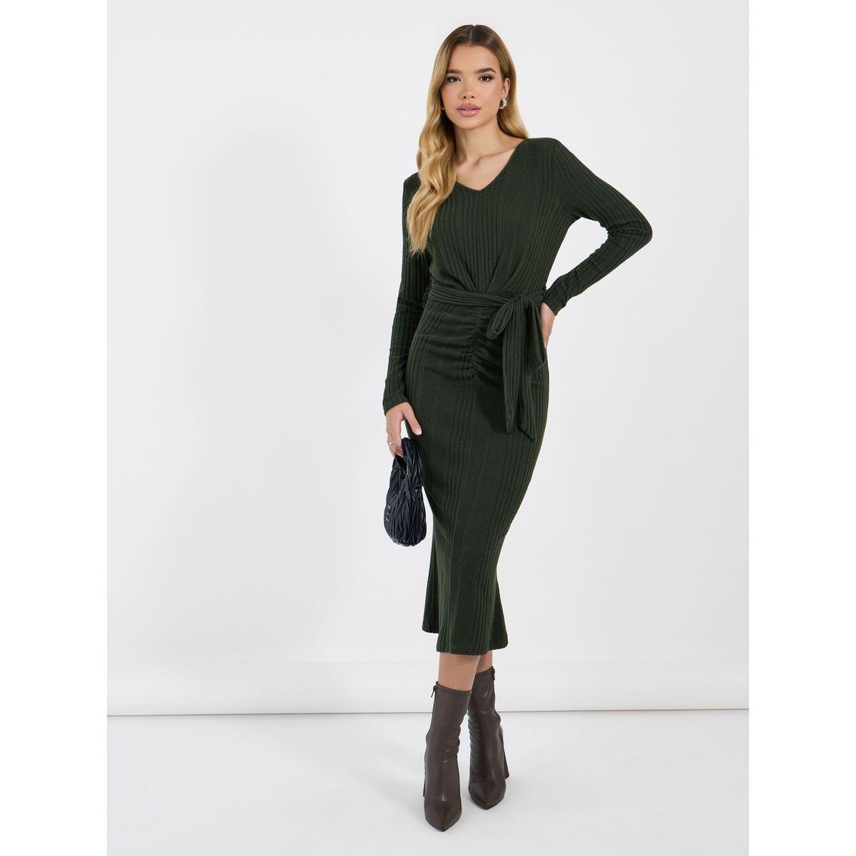 Styli Ruched Long Sleeves Sheath Midi Dress with Tie Belt-women-clothing-dresses-image-1
