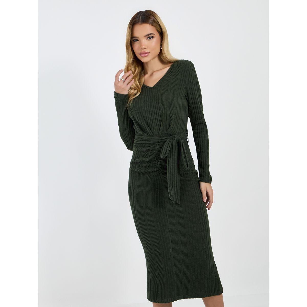 فستان ميدي بتفاصيل مزمومة وأكمام طويلة مع رباط-women-clothing-dresses-image-2