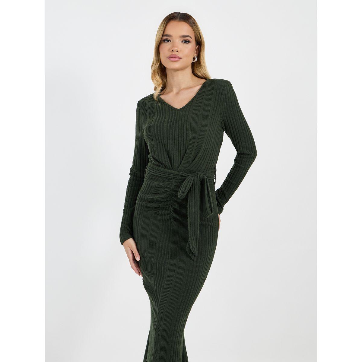 Styli Ruched Long Sleeves Sheath Midi Dress with Tie Belt-women-clothing-dresses-image-6