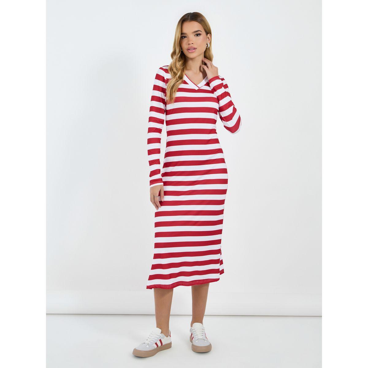 Styli Striped Long Sleeves T-Shirt Midi Dress-women-clothing-dresses-image-1