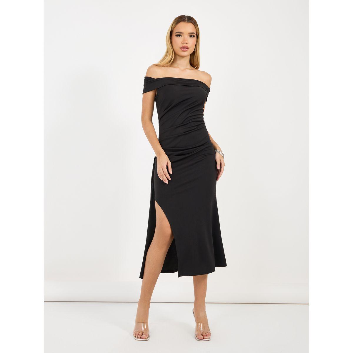 فستان ميدي بديكون بأكتاف مكشوفة وشق جانبي-women-clothing-dresses-image-1