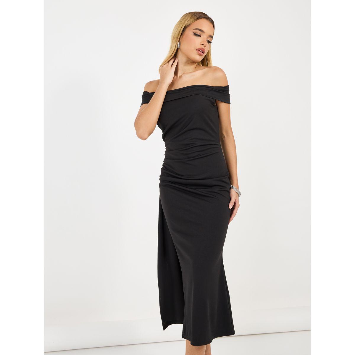 فستان ميدي بديكون بأكتاف مكشوفة وشق جانبي-women-clothing-dresses-image-2