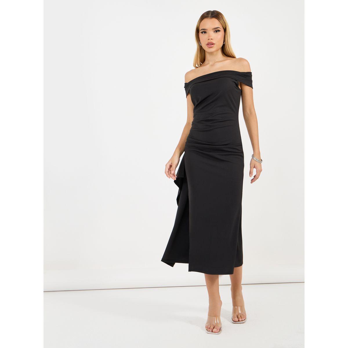 فستان ميدي بديكون بأكتاف مكشوفة وشق جانبي-women-clothing-dresses-image-4