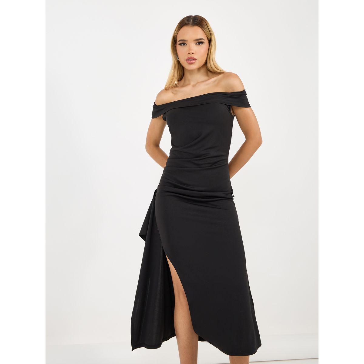 فستان ميدي بديكون بأكتاف مكشوفة وشق جانبي-women-clothing-dresses-image-5