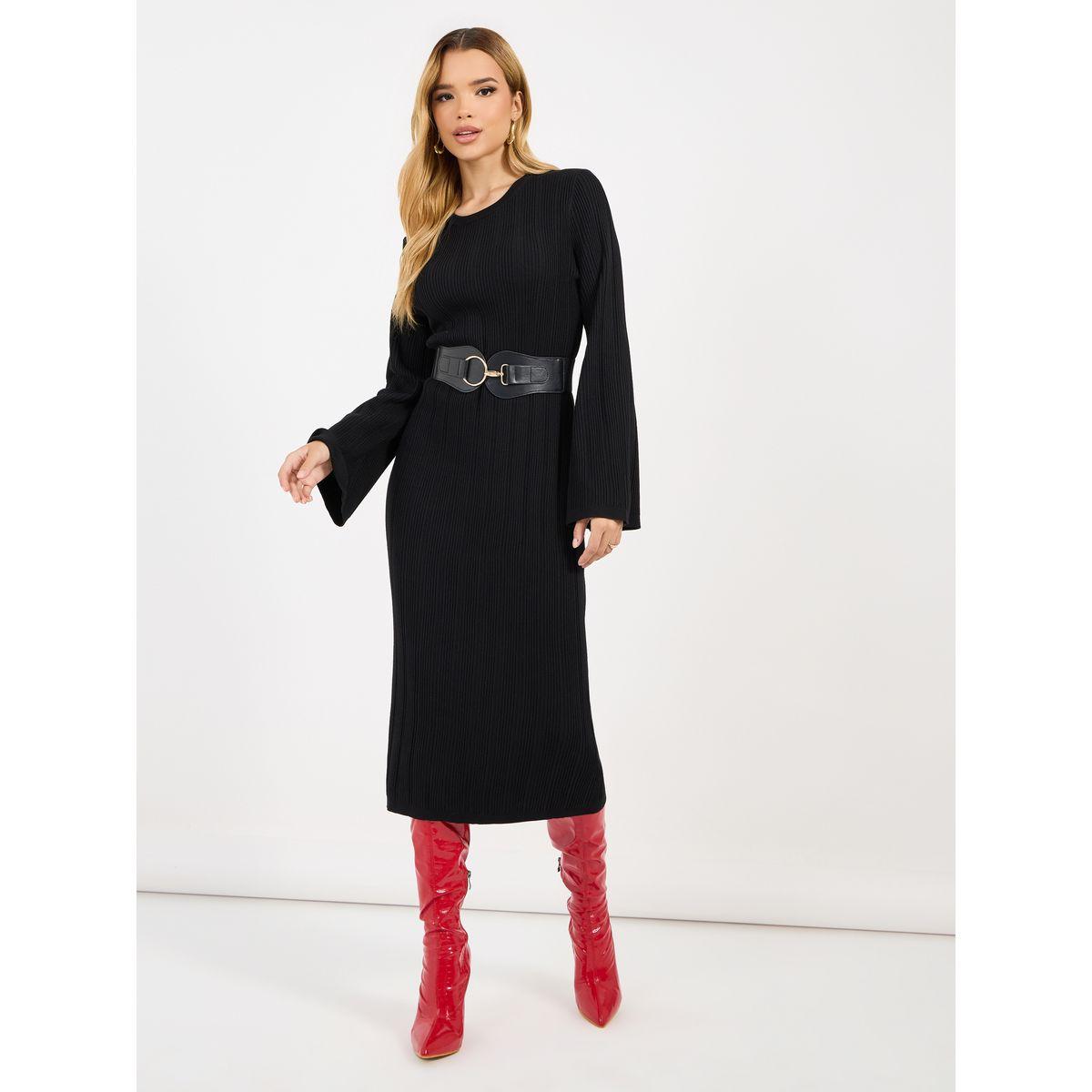 Styli Textured Knit Round Neck Sheath Midi Dress-women-clothing-dresses-image-1