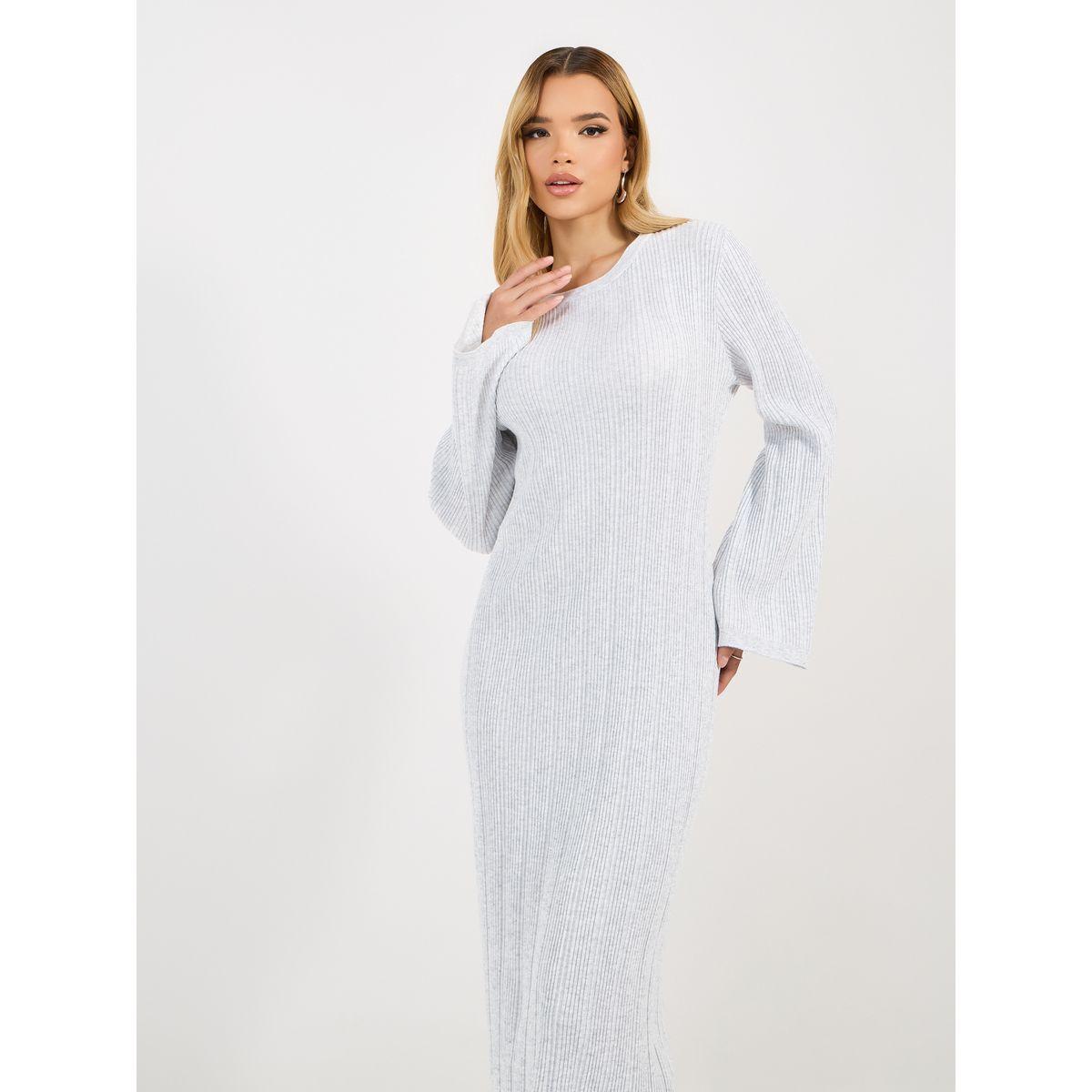 فستان ميدي محبوك بياقة دائرية وتفاصيل بارزة الملمس-women-clothing-dresses-image-5