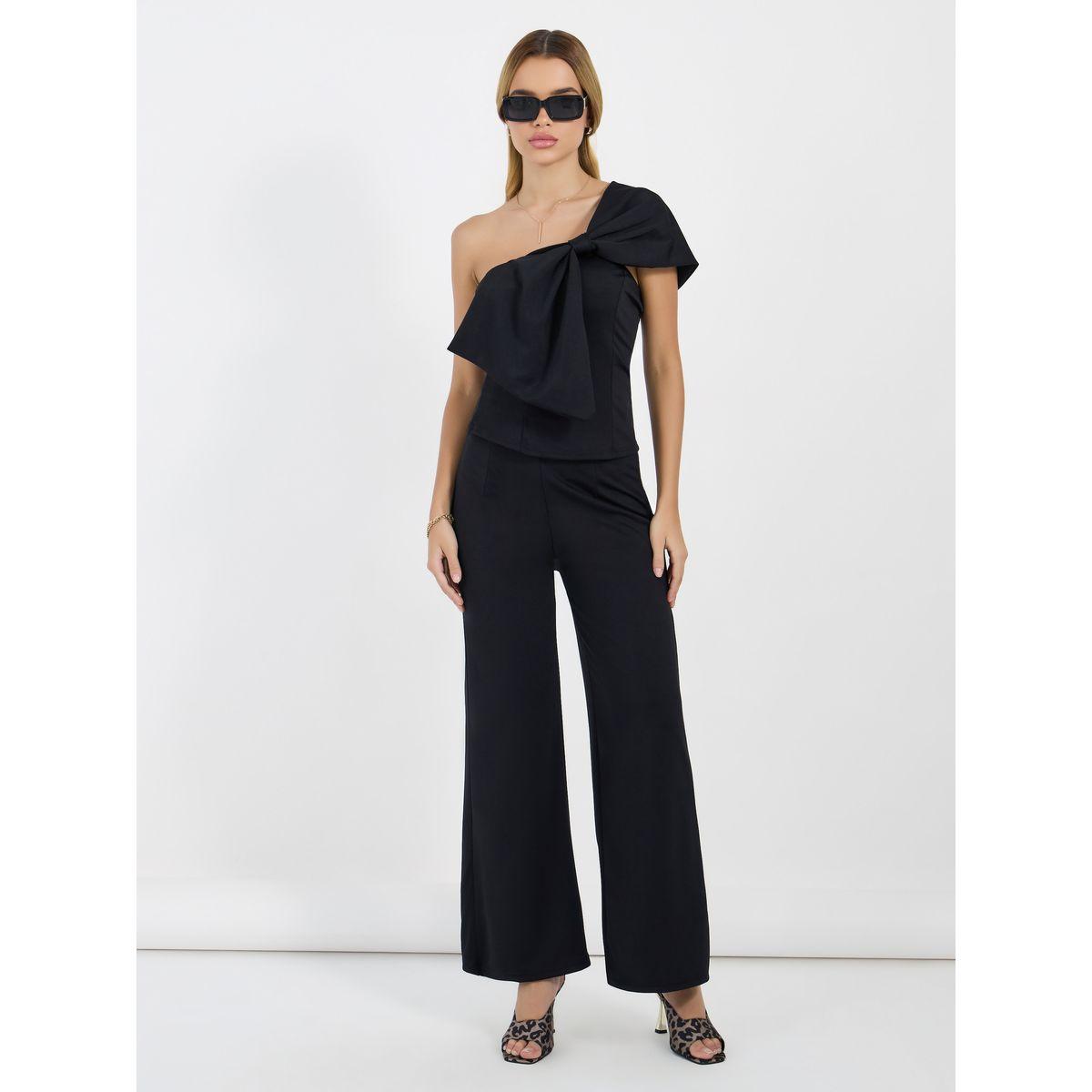 Styli Bow Design One Shoulder Knit Top & Wide Leg Pants Co-Ords-women-clothing-coordsets-image-1