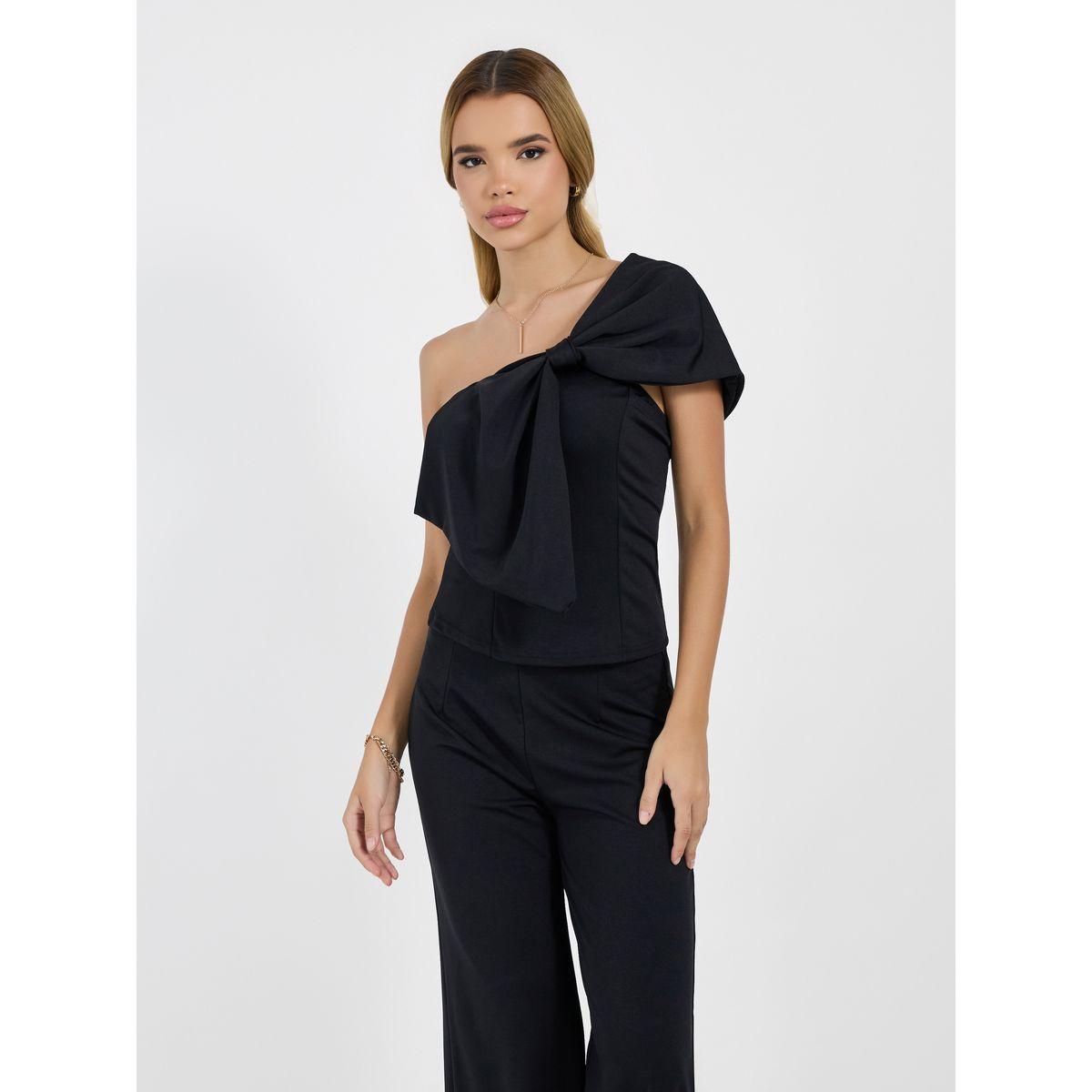 Styli Bow Design One Shoulder Knit Top & Wide Leg Pants Co-Ords-women-clothing-coordsets-image-2