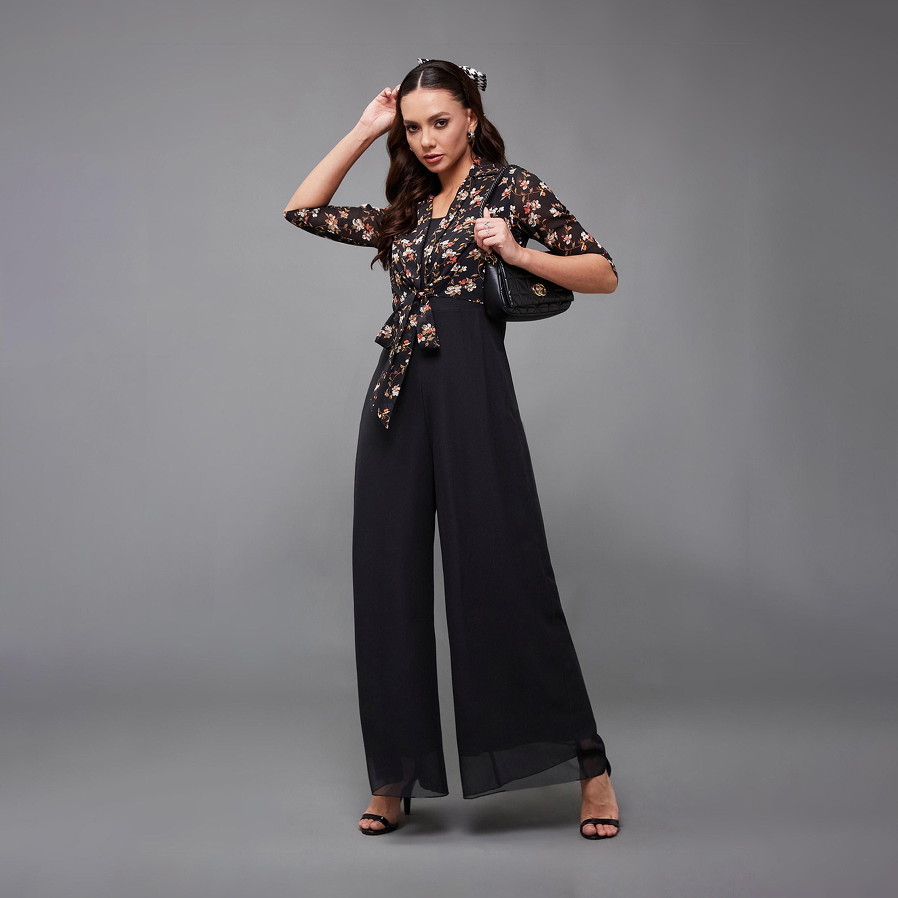 ستايلي - جمبسوت بطبعات الأزهار ورقبة دائرية وساقين واسعتين مع ربطة-women-clothing-jumpsuits-image-5