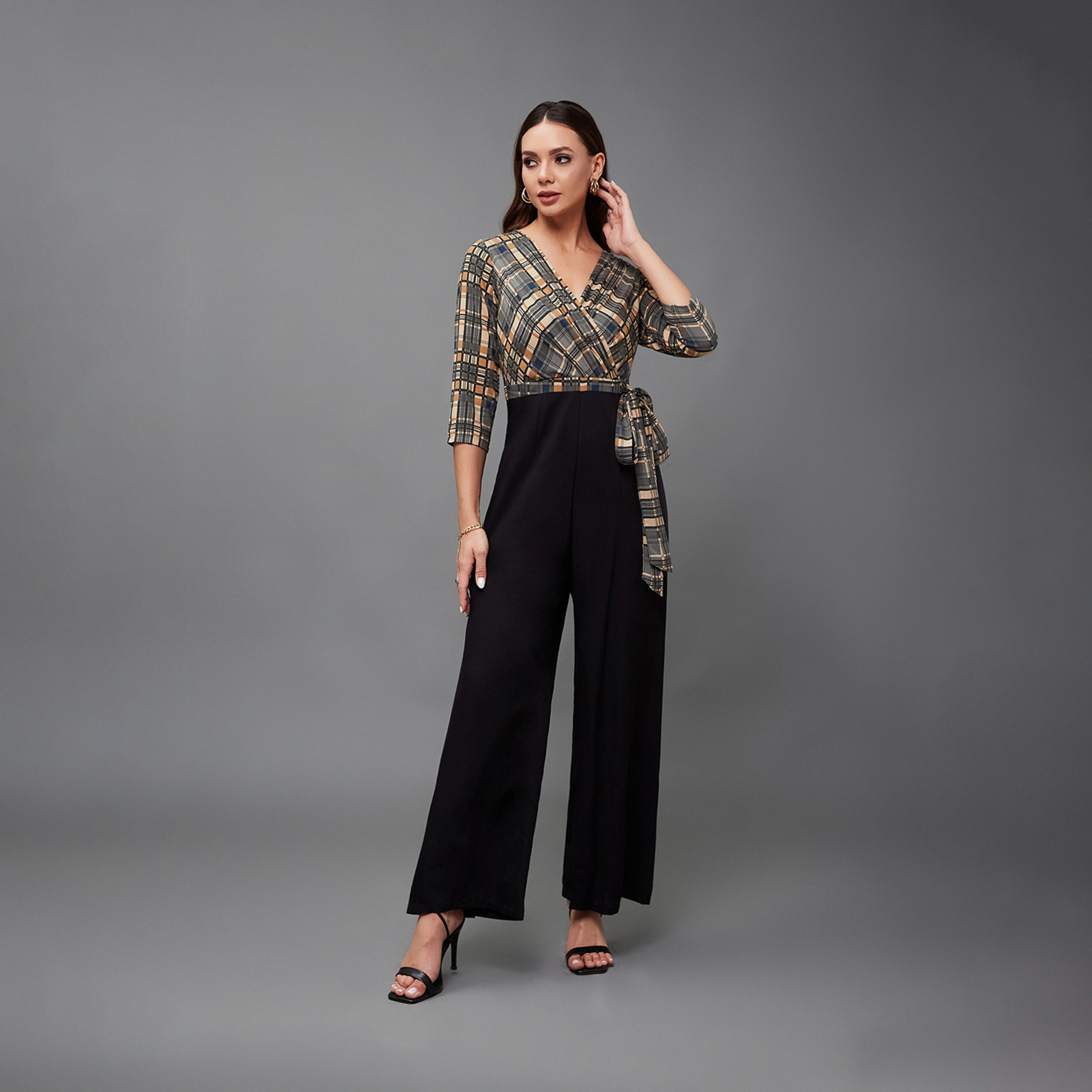 Styli Checkered Wrap Wide Leg Viscose Jumpsuit With Tie-Up Detail-women-clothing-jumpsuits-image-1
