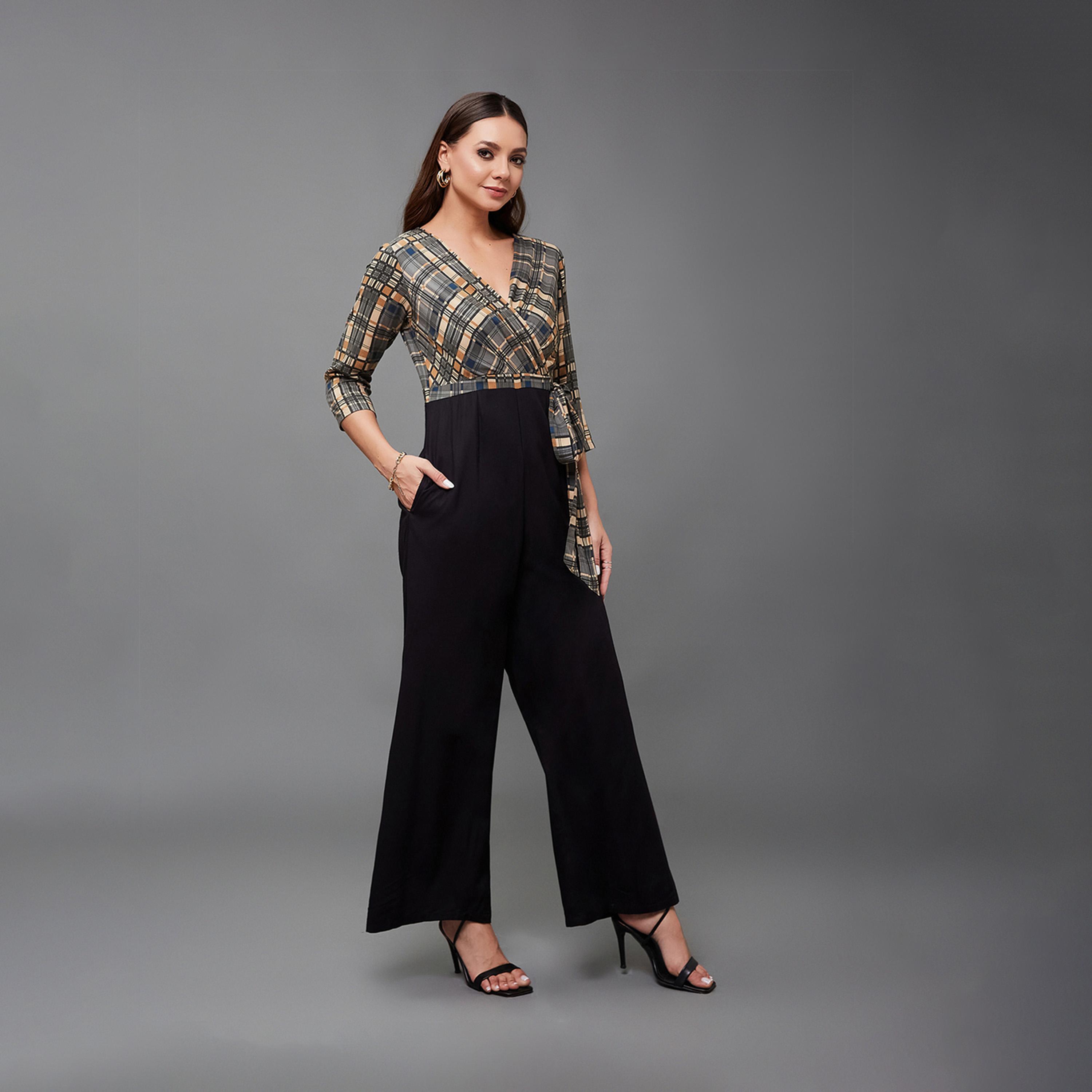 Styli Checkered Wrap Wide Leg Viscose Jumpsuit With Tie-Up Detail-women-clothing-jumpsuits-image-4