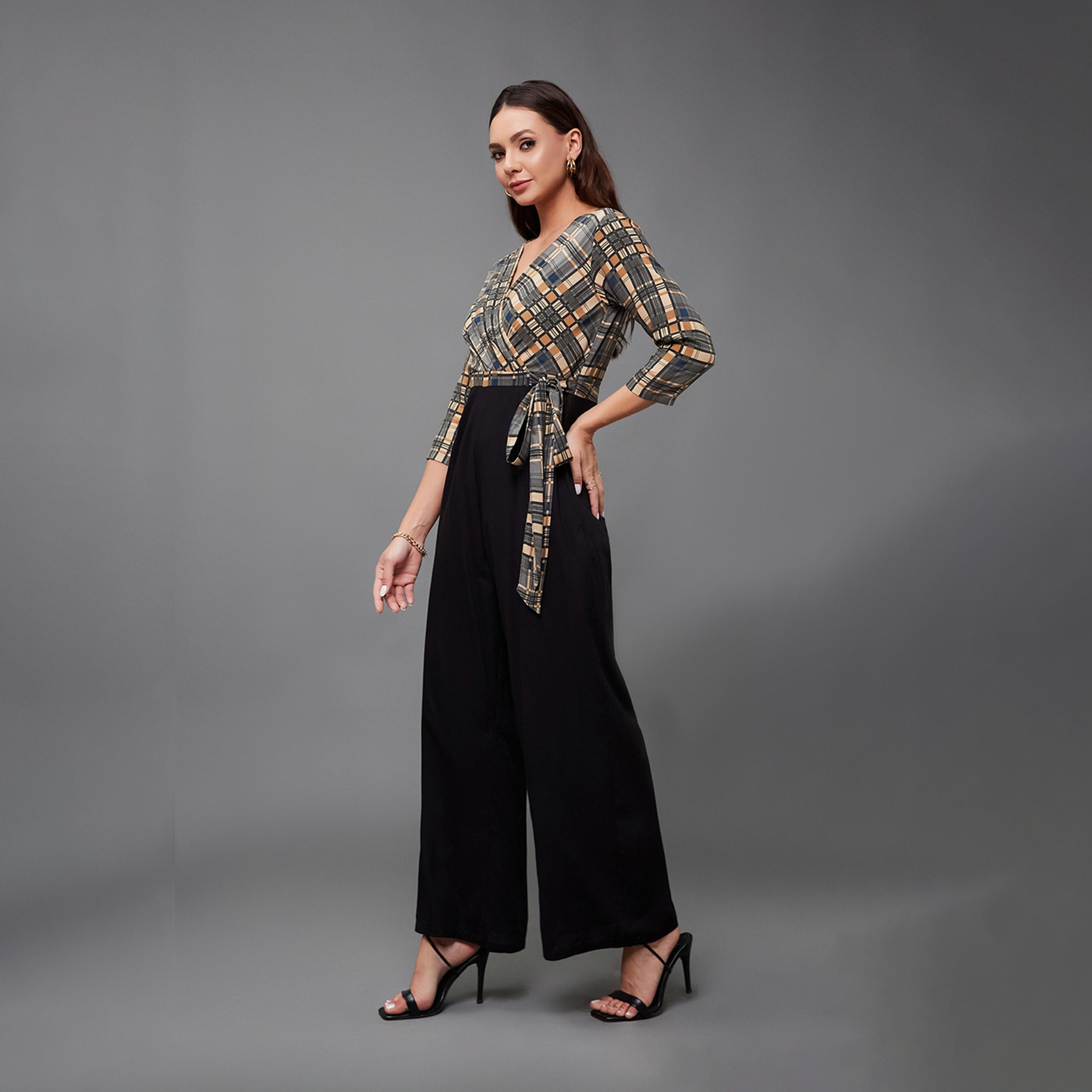 Styli Checkered Wrap Wide Leg Viscose Jumpsuit With Tie-Up Detail-women-clothing-jumpsuits-image-5