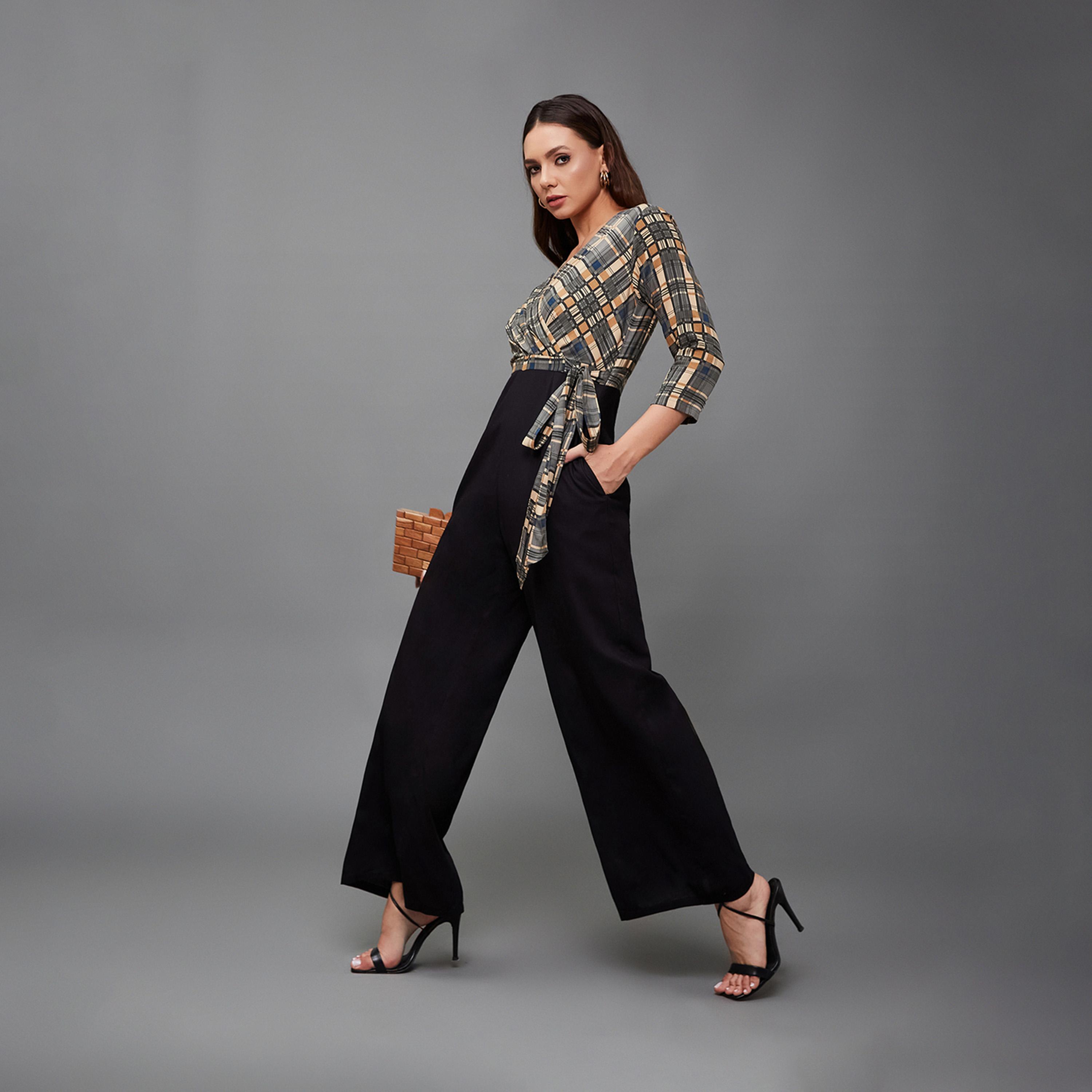Styli Checkered Wrap Wide Leg Viscose Jumpsuit With Tie-Up Detail-women-clothing-jumpsuits-image-6