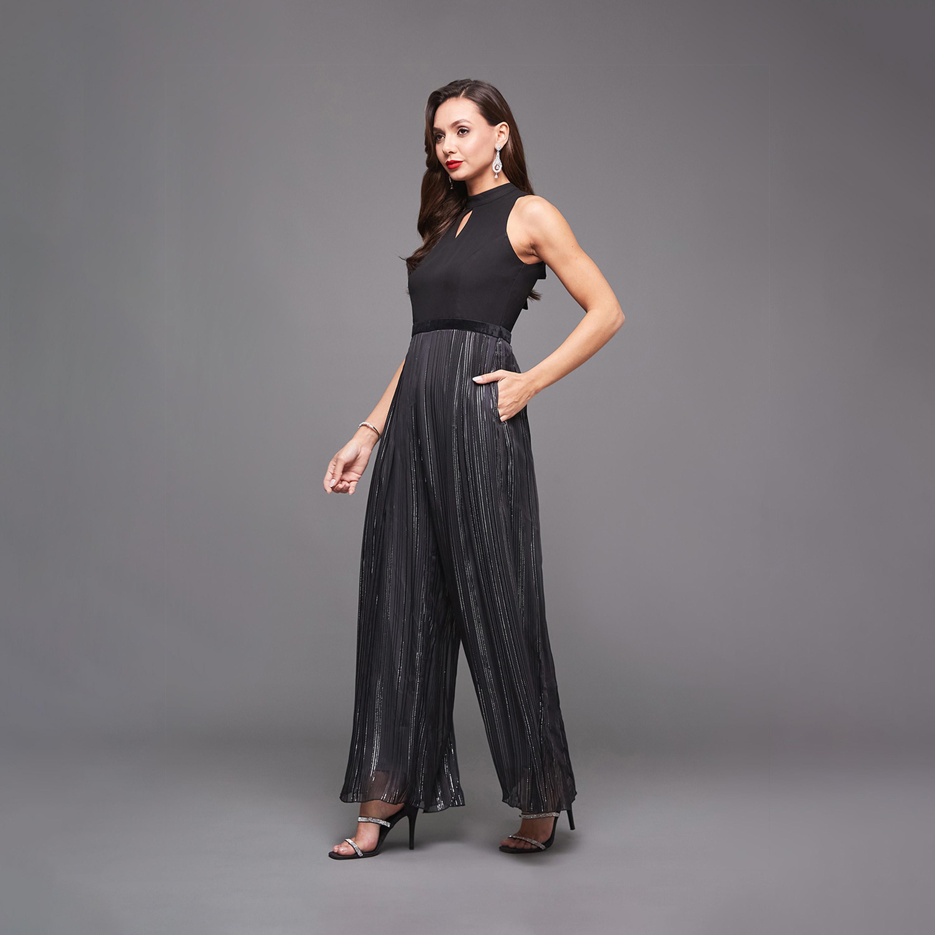 ستايلي - جمبسوت واسع الساق بدون أكمام بفتحة رقبة صغيرة وكسرات-women-clothing-jumpsuits-image-6
